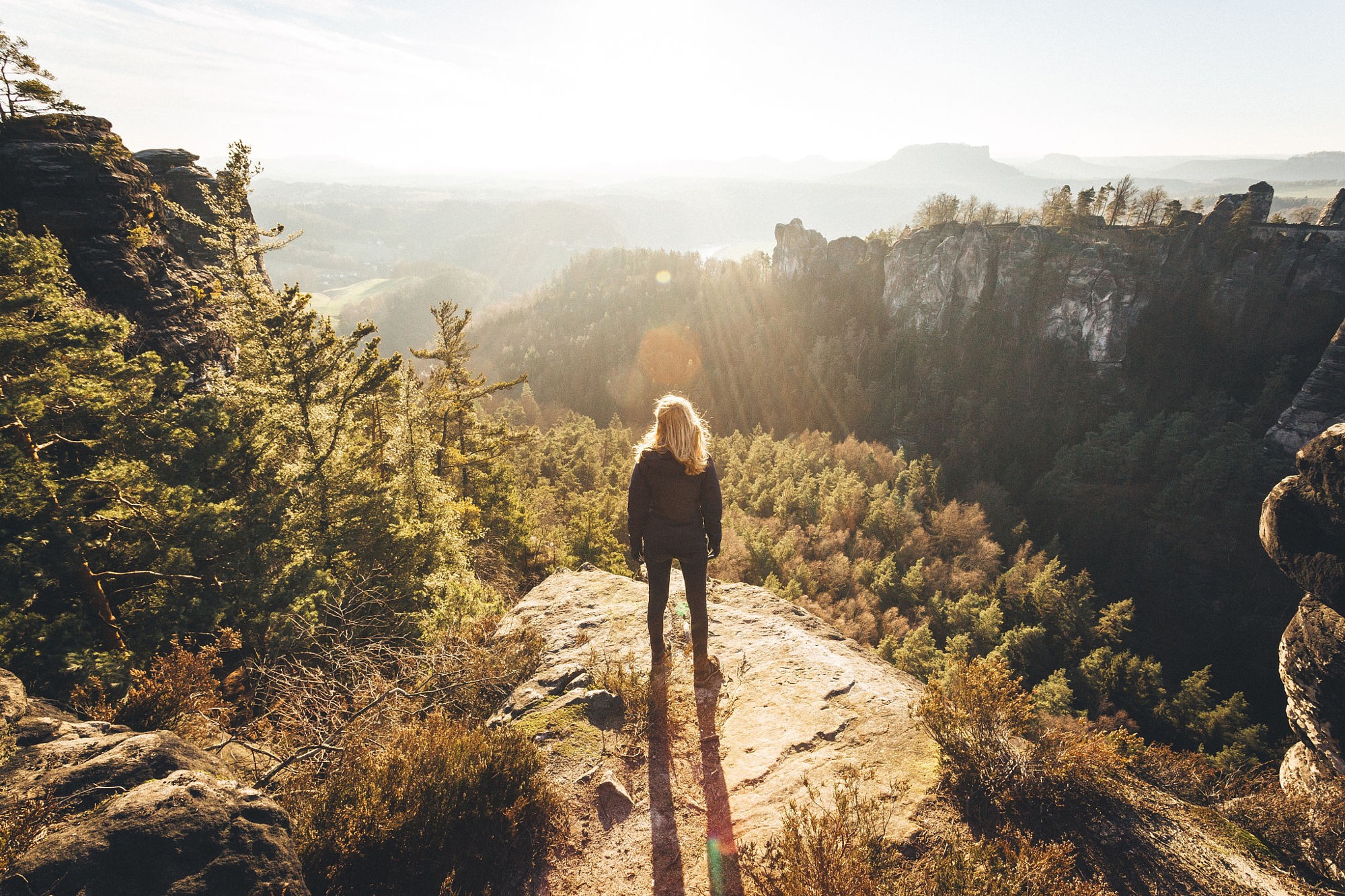 Wallpaper, sunlight, landscape, women, blonde, hill, rock, nature, cliff, wilderness, hiking, walking, ridge, Terrain, mountain, adventure, geology, backpacking, mountainous landforms 2000x1333