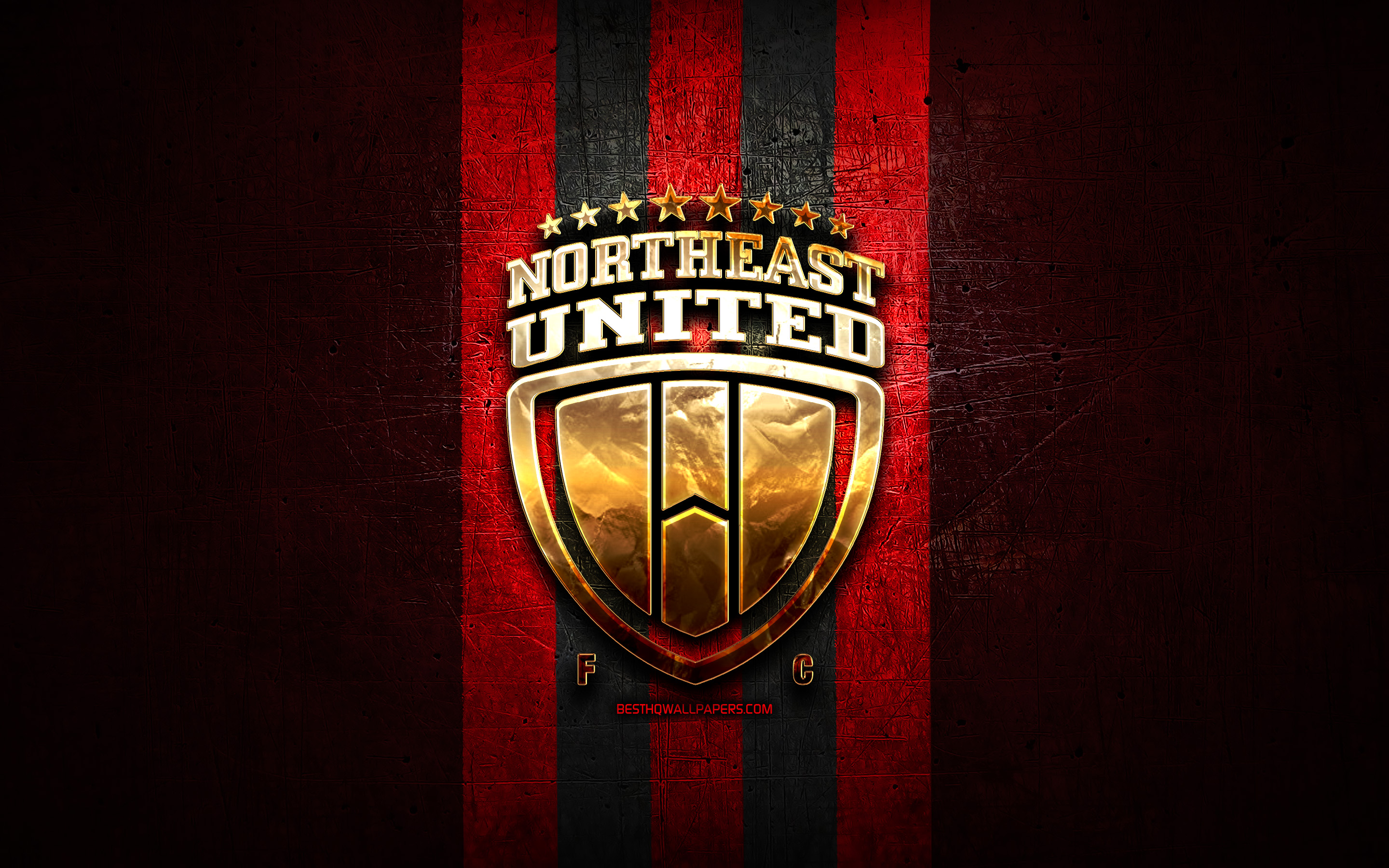 Download wallpaper NorthEast United FC, golden logo, ISL, red metal background, football, indian football club, NorthEast United logo, soccer, India, NorthEast United for desktop with resolution 2880x1800. High Quality HD picture wallpaper