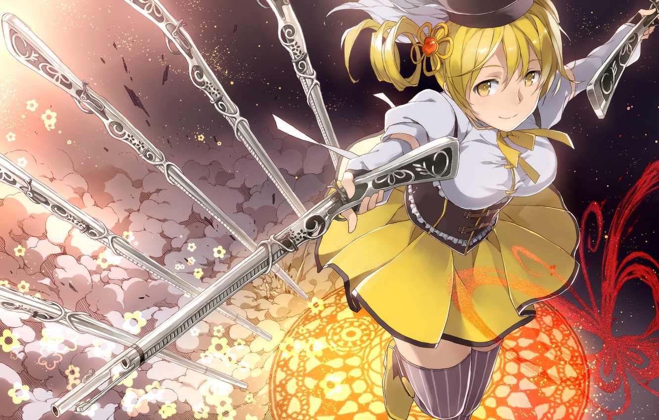 Wallpaper look, smile, weapons, mood, Girl, mahou shoujo madoka magica, Tomoe Mami image for desktop, section прочее