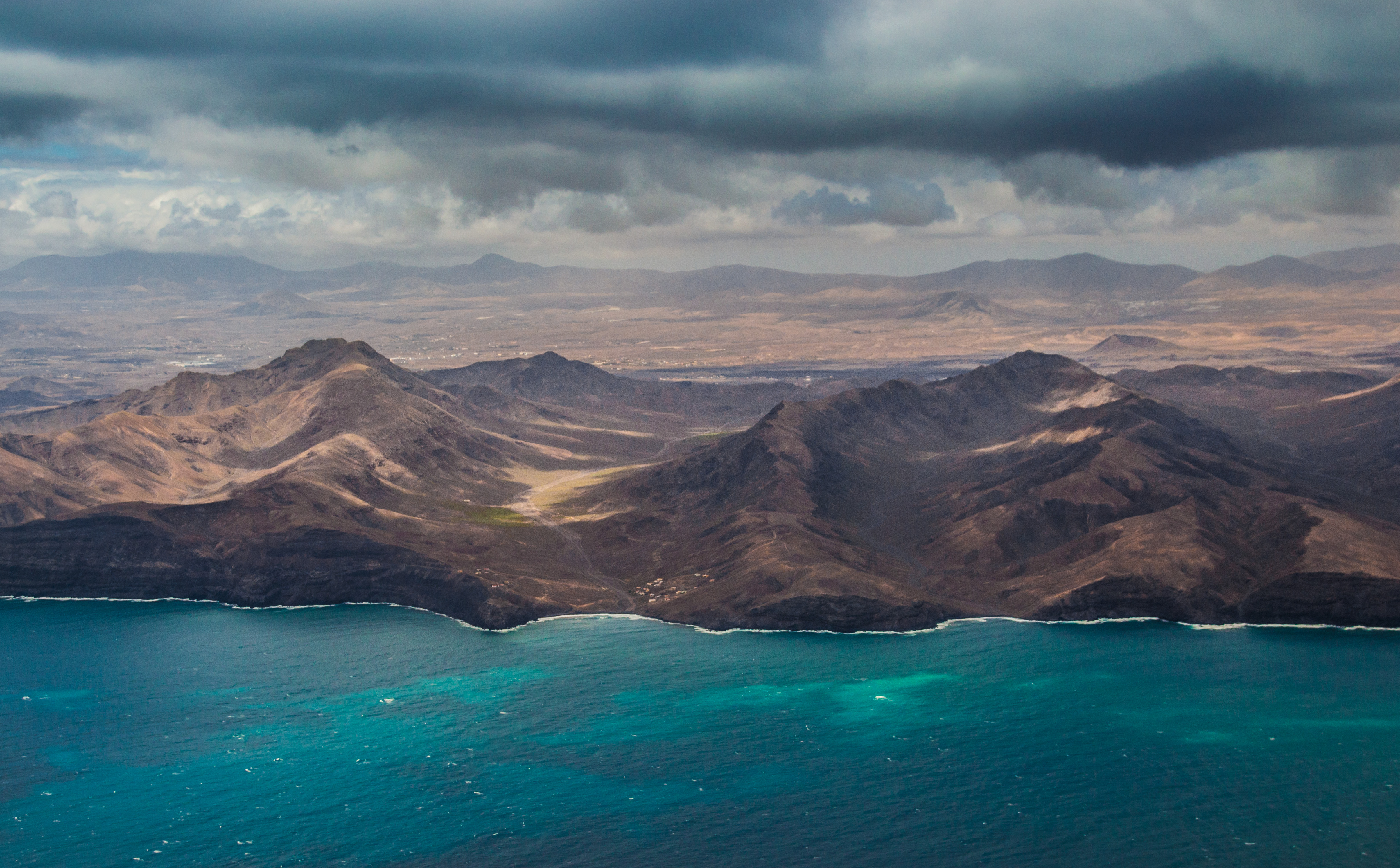 Wallpaper, blue, sea, sky, mountains, colour, clouds, coast, Spain, meer, fuerteventura, cyan, himmel, wolken, aerial, berge, blau, farbe, spanien, k ste, t rkis 4820x2990