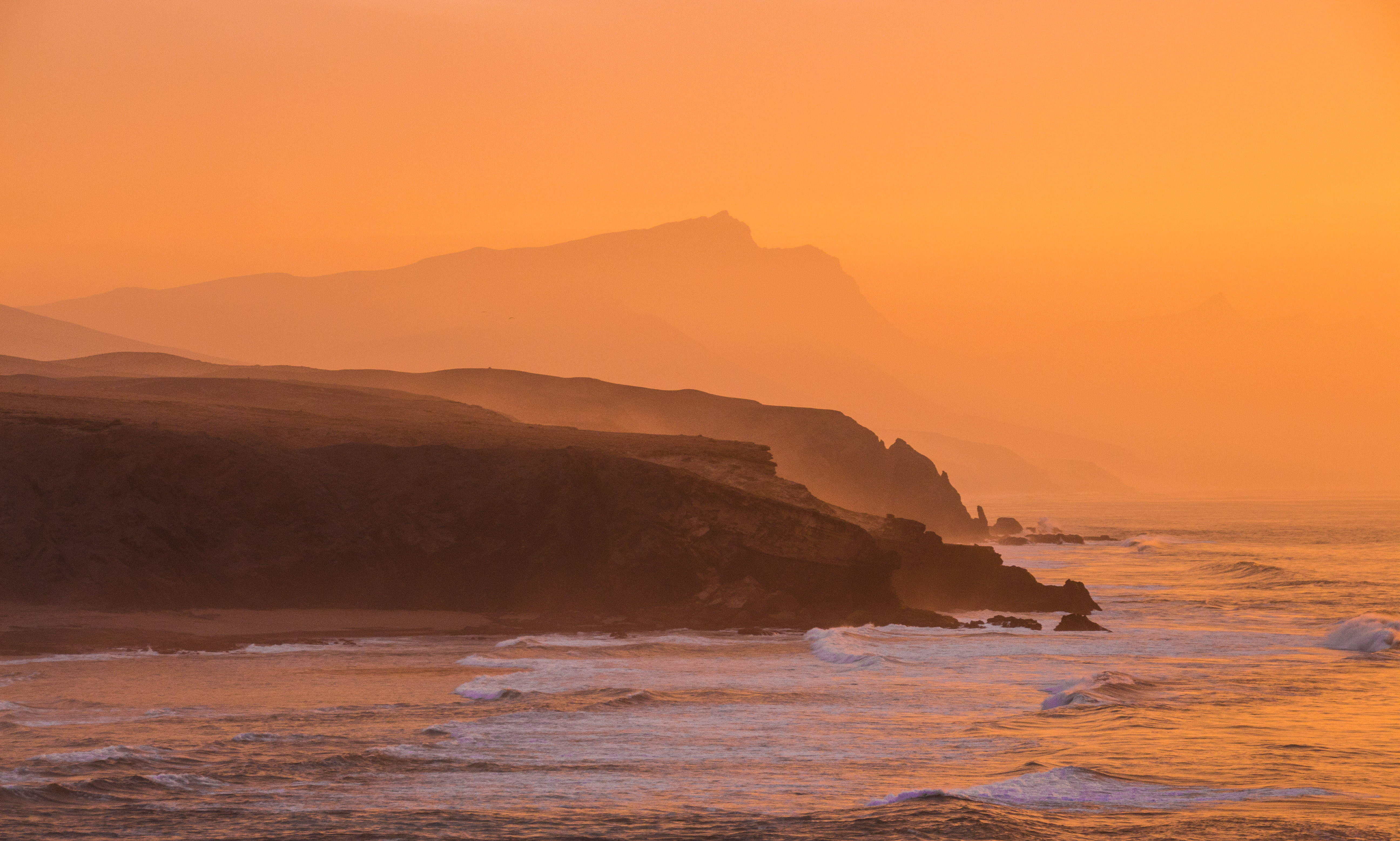 Wallpaper, ocean, sunset, sea, orange, cliff, pared, dawn, evening, abend, LA, meer, waves, sonnenuntergang, fuerteventura, d mmerung, kliff, earthday, wellen 5184x3114
