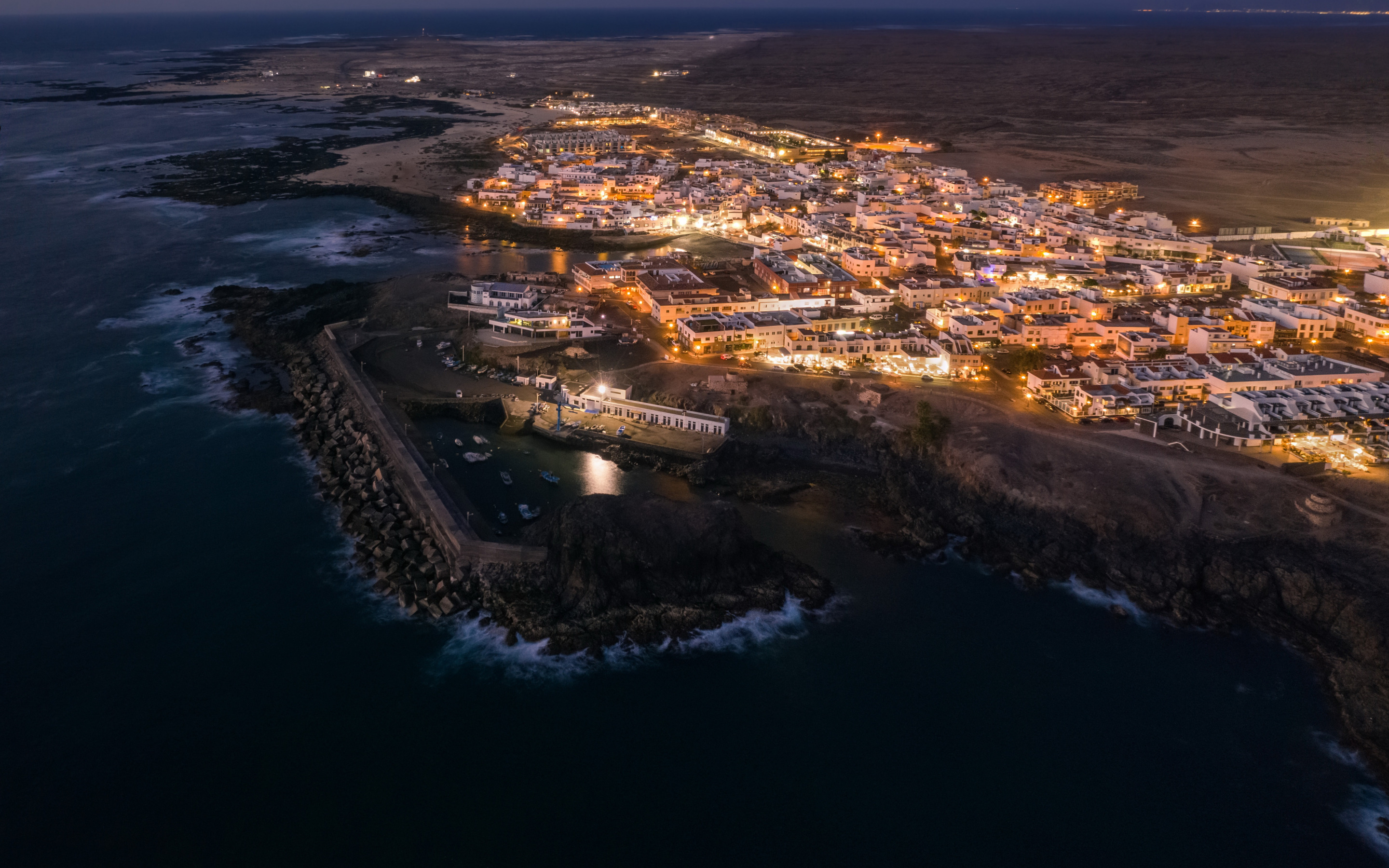 Download wallpaper La Oliva, Fuerteventura, evening, sunset, aerial view, coast, Canary Islands, Spain for desktop with resolution 2880x1800. High Quality HD picture wallpaper