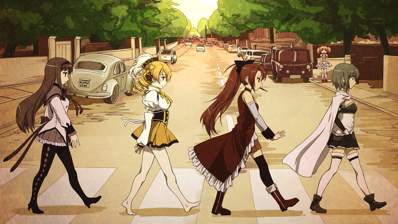 Wallpaper, illustration, anime, Mahou Shoujo Madoka Magica, Akemi Homura, Kaname Madoka, Miki Sayaka, Tomoe Mami, Sakura Kyoko, Abbey Road, ART 1366x768
