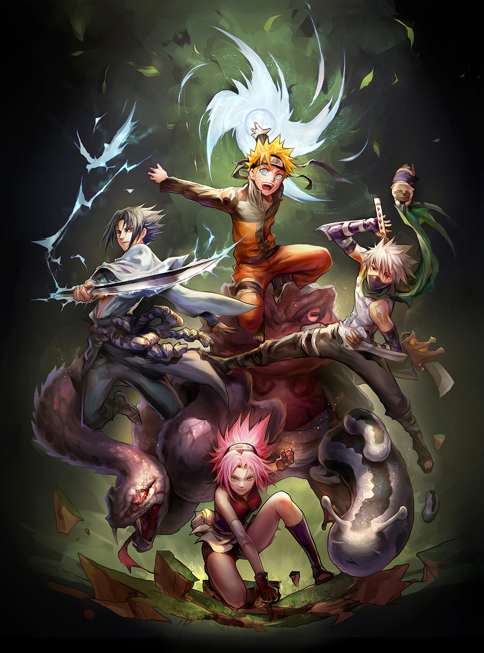 haruno sakura, uzumaki naruto, uchiha sasuke, hatake kakashi, pakkun, and 3 more (naruto and 2 more) drawn