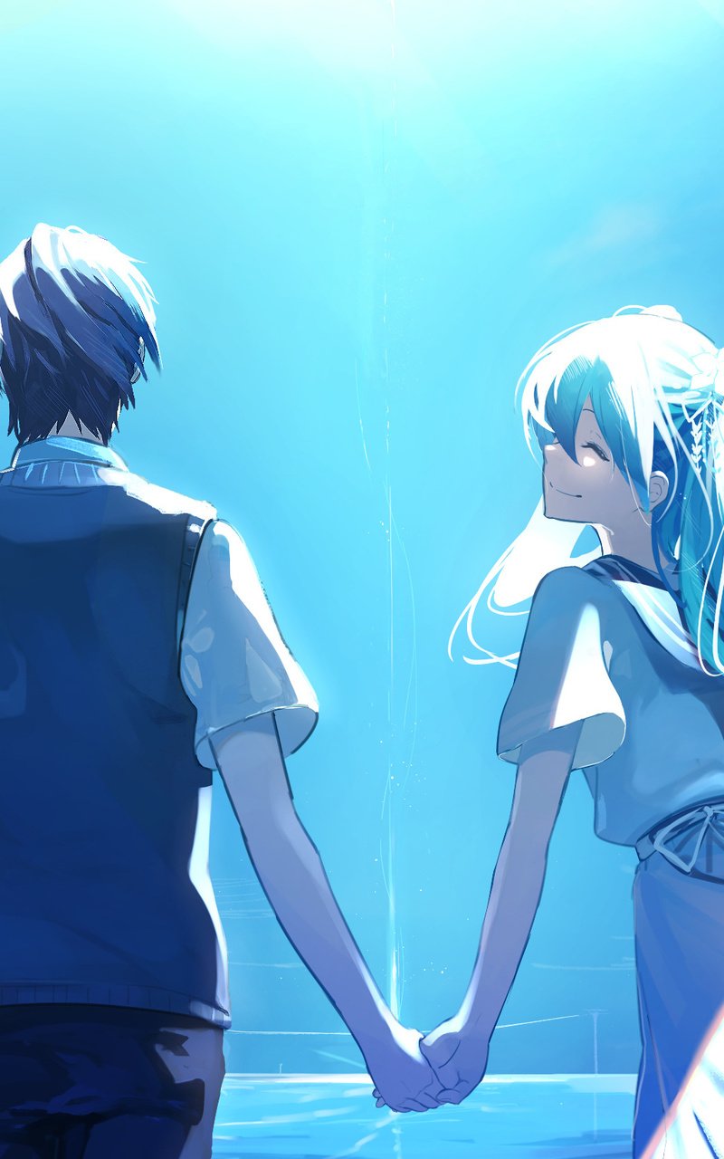 anime couple holding hands and walking