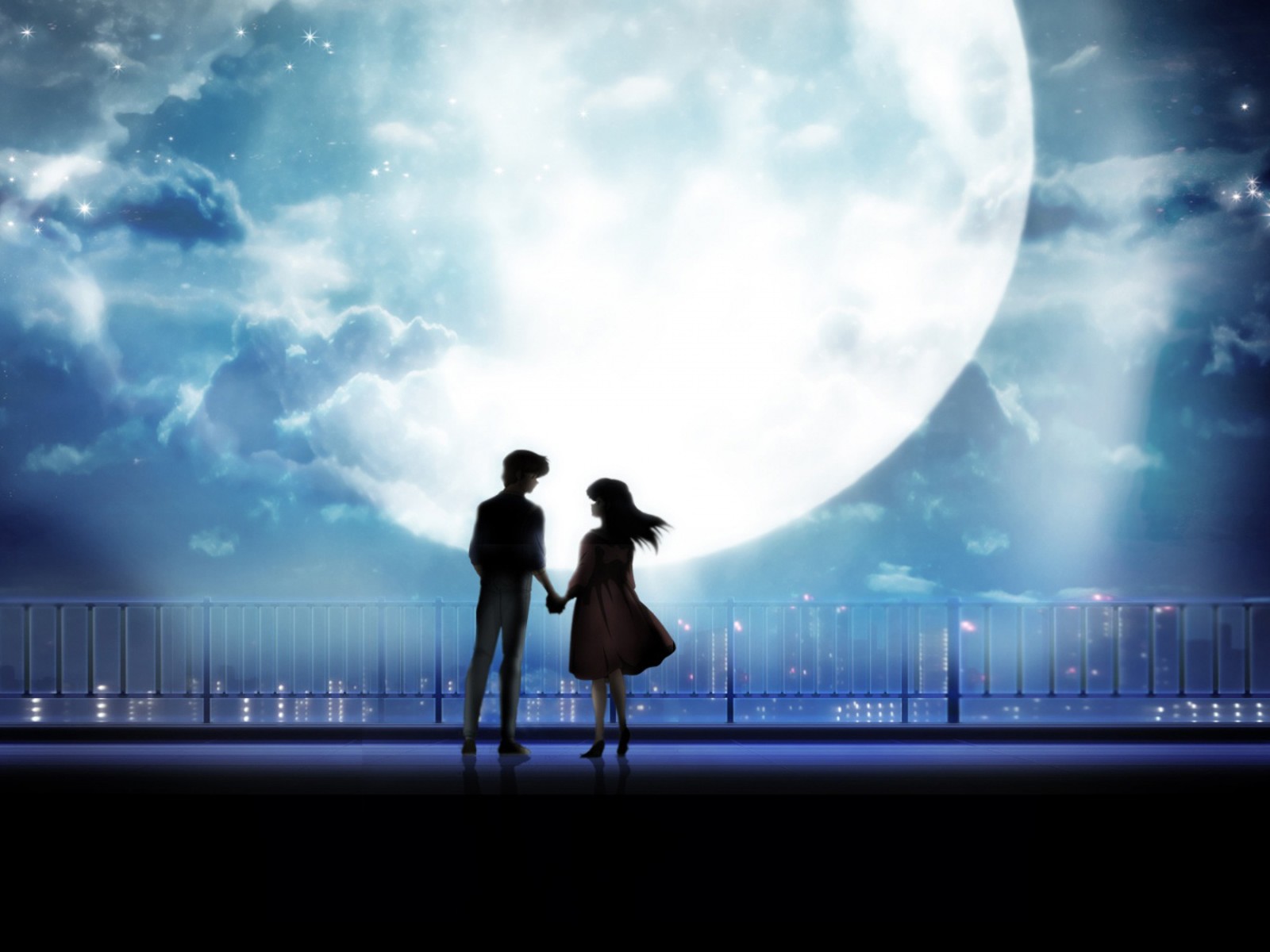 Anime Art Anime Couple Holding Hands Moonlight Desktop, Wallpaper13.com