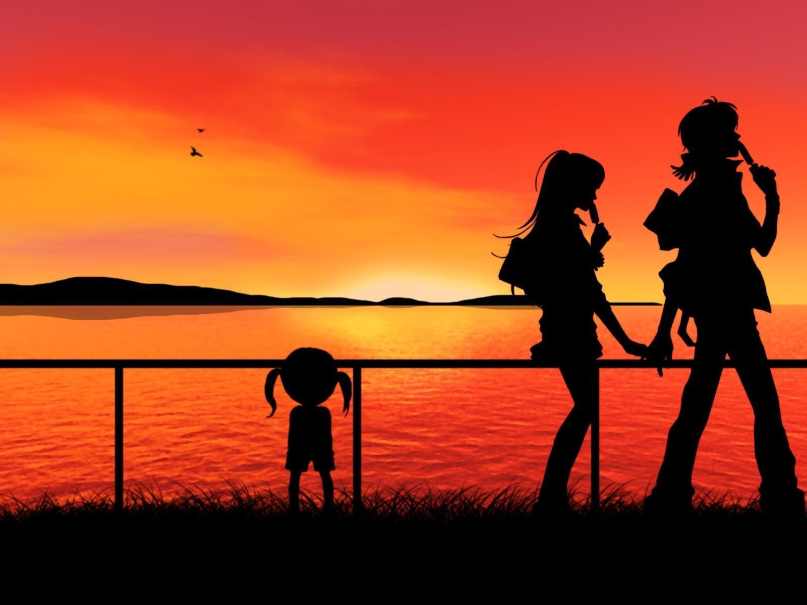 anime, Sunset, Silhouette, Holding hands Wallpaper HD / Desktop and Mobile Background