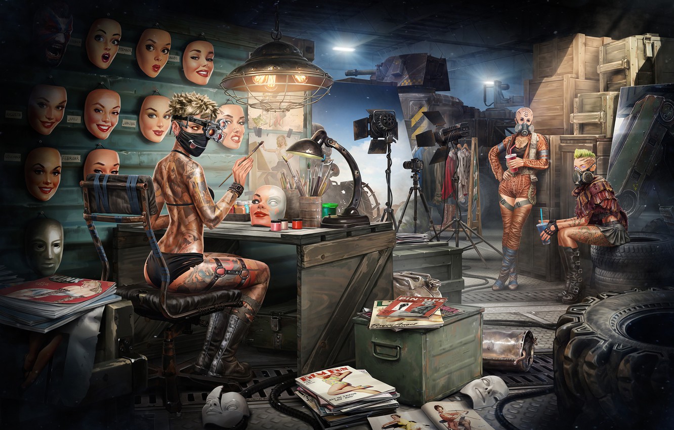 Wallpaper work, art, workshop, mask, Sergey Kondratovich, Post Apocalyptic pin up - for desktop, section сэйнэн