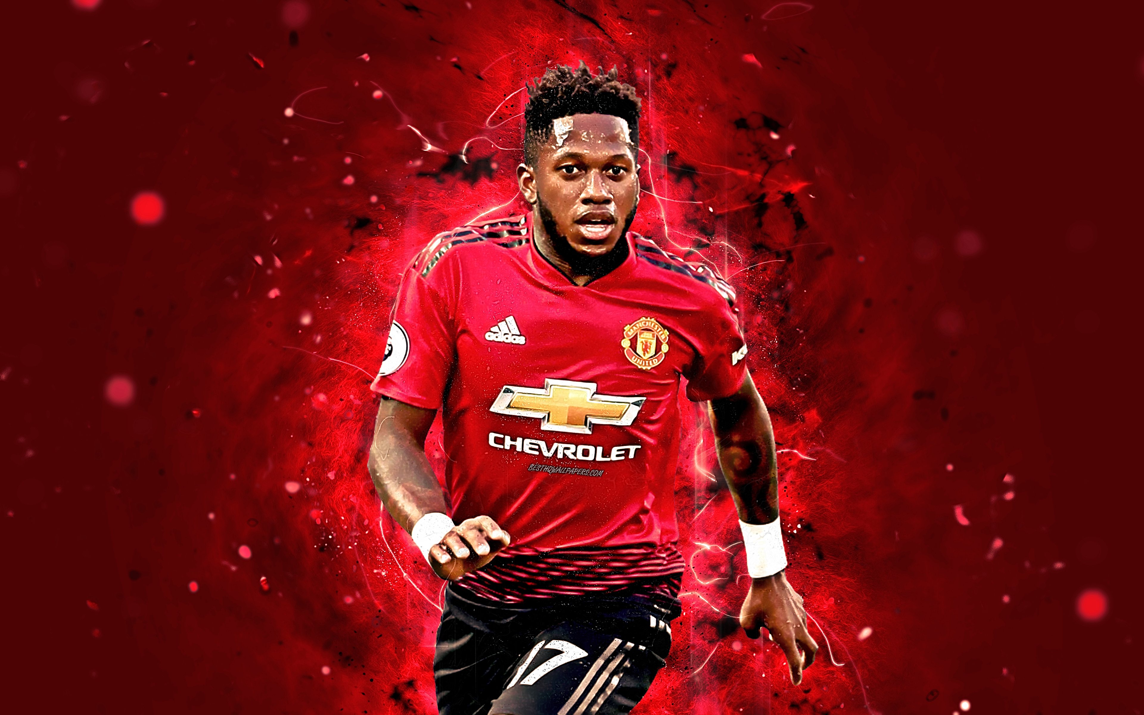 Download wallpaper Fred, 4k, footballers, Manchester United, neon lights, Premier League, Frederico Rodrigues de Paula Santos, soccer, fan art, football, Man United for desktop with resolution 3840x2400. High Quality HD picture wallpaper