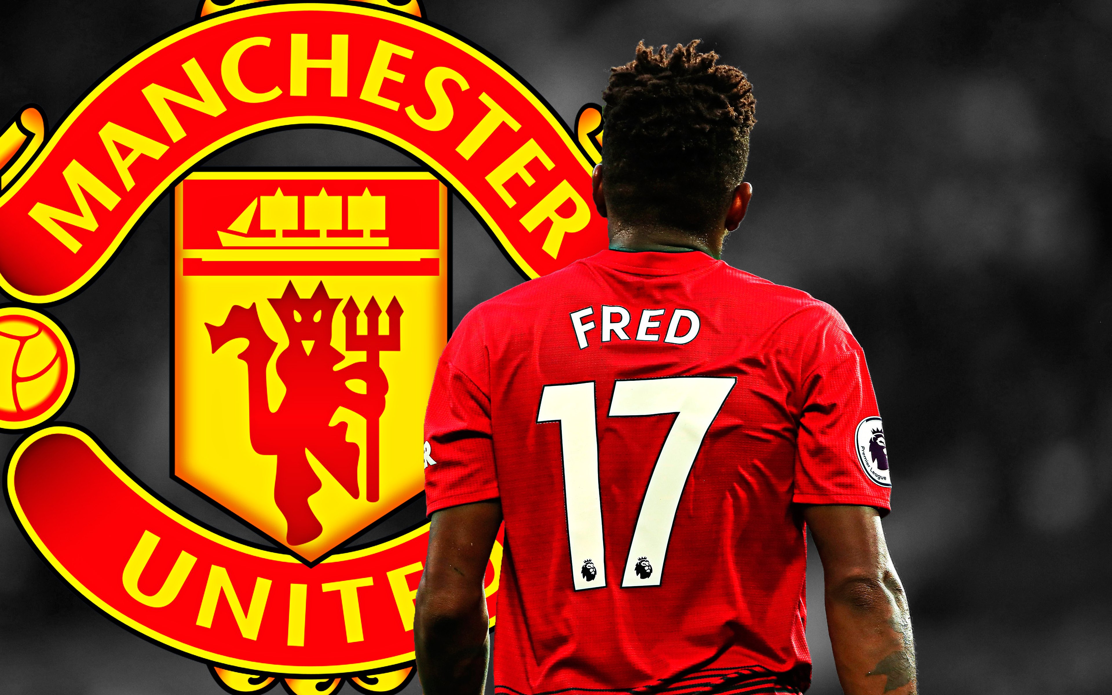 Download wallpaper Fred, 4k, Manchester United FC, art, Brazilian football player, creative art, Premier League, England, football, Frederico Rodrigues de Paula Santos for desktop with resolution 3840x2400. High Quality HD picture wallpaper