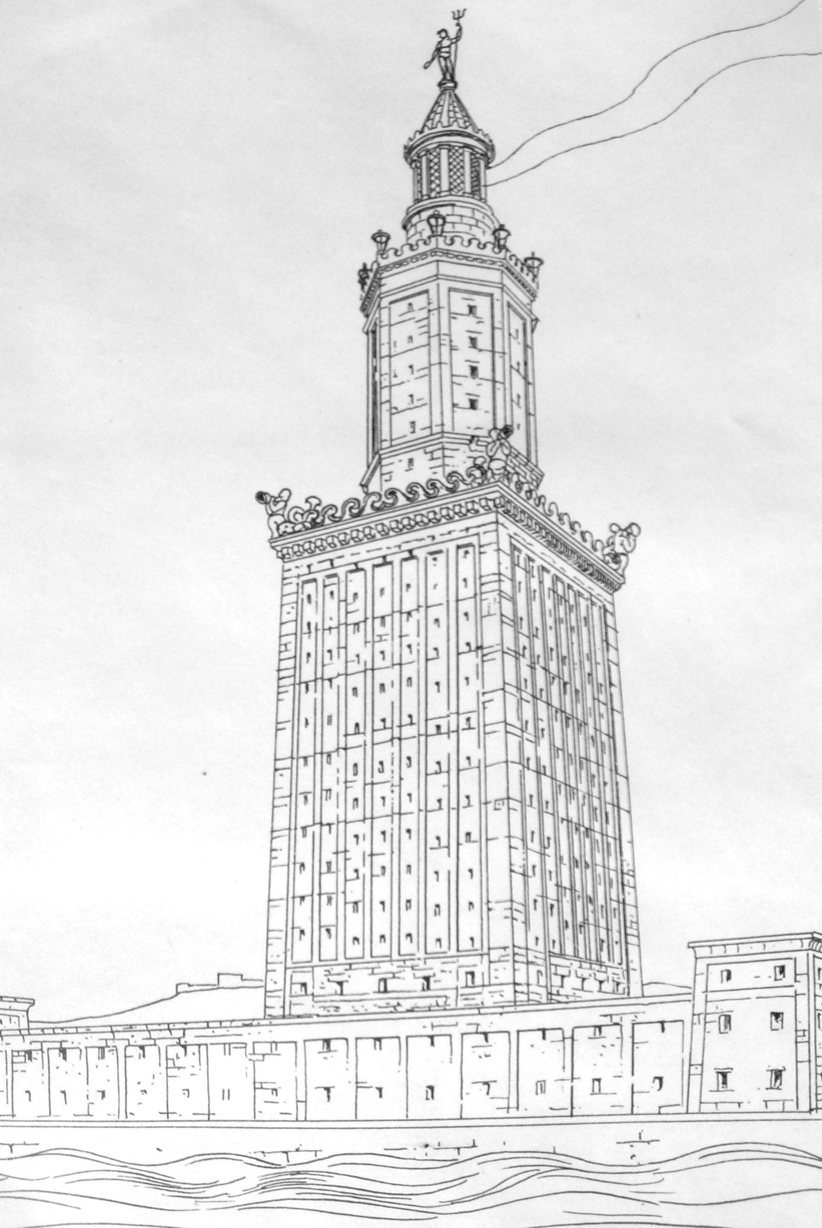 Drawing of the Pharos of Alexandria. Alexandria, Seven wonders, Landmarks