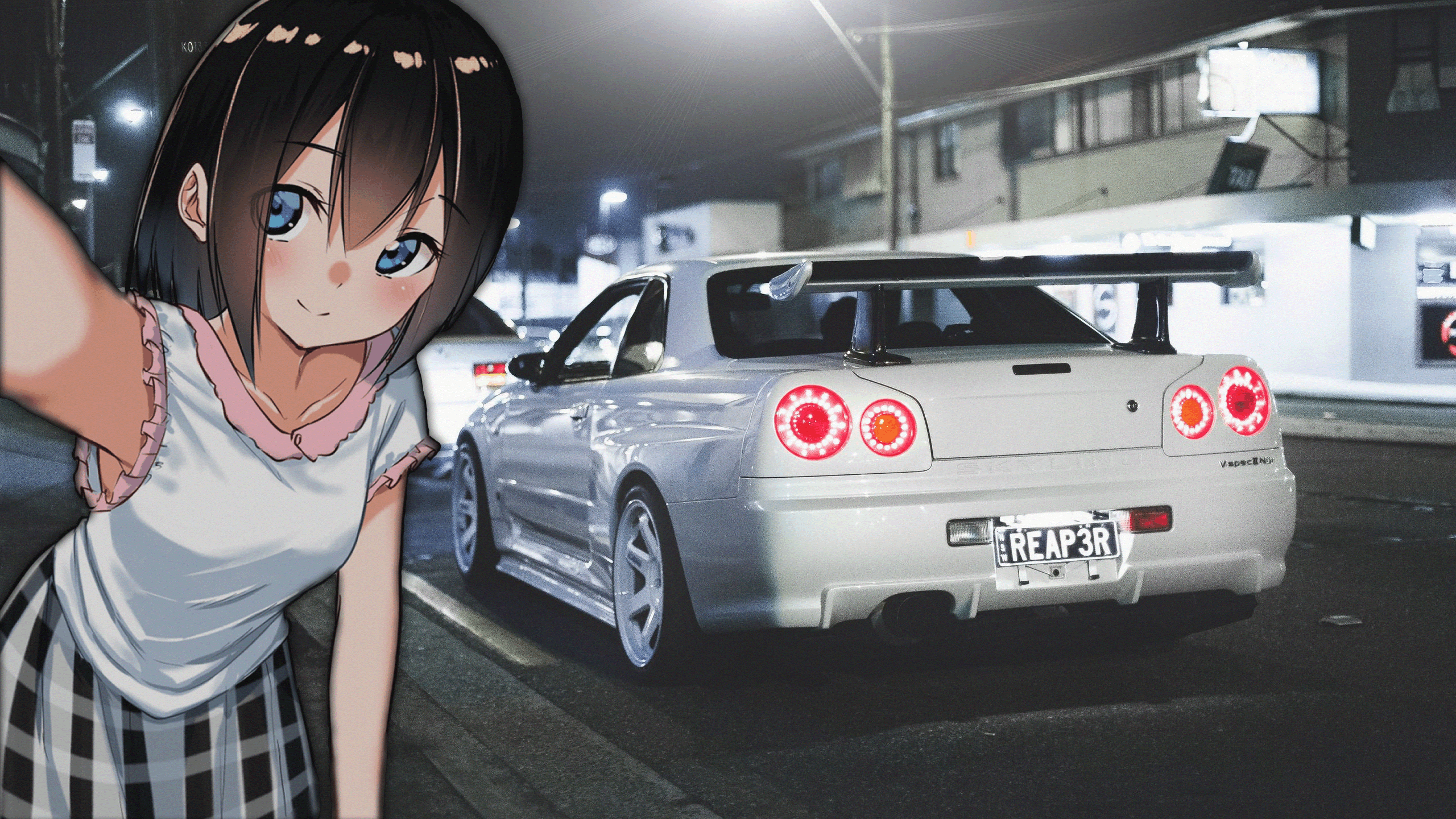 GTR R34 JDM Anime Girls Selfies Car Picture In Picture Vehicle Anime Blue Eyes Brunette White Cars S Wallpaper:2560x1440