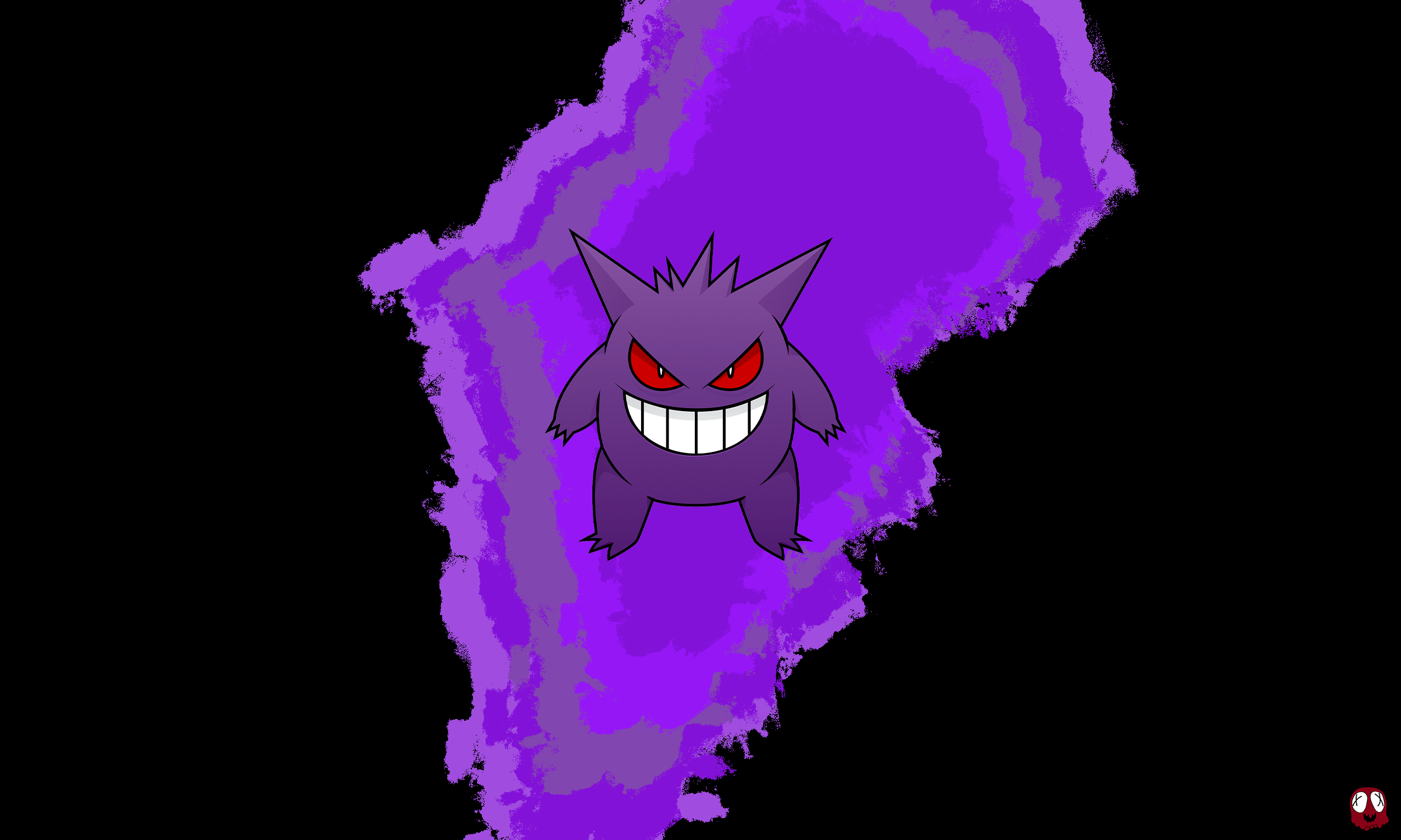 Wallpaper, pokemon, Gengar, purple background, black background, red eyes, anime 2500x1500