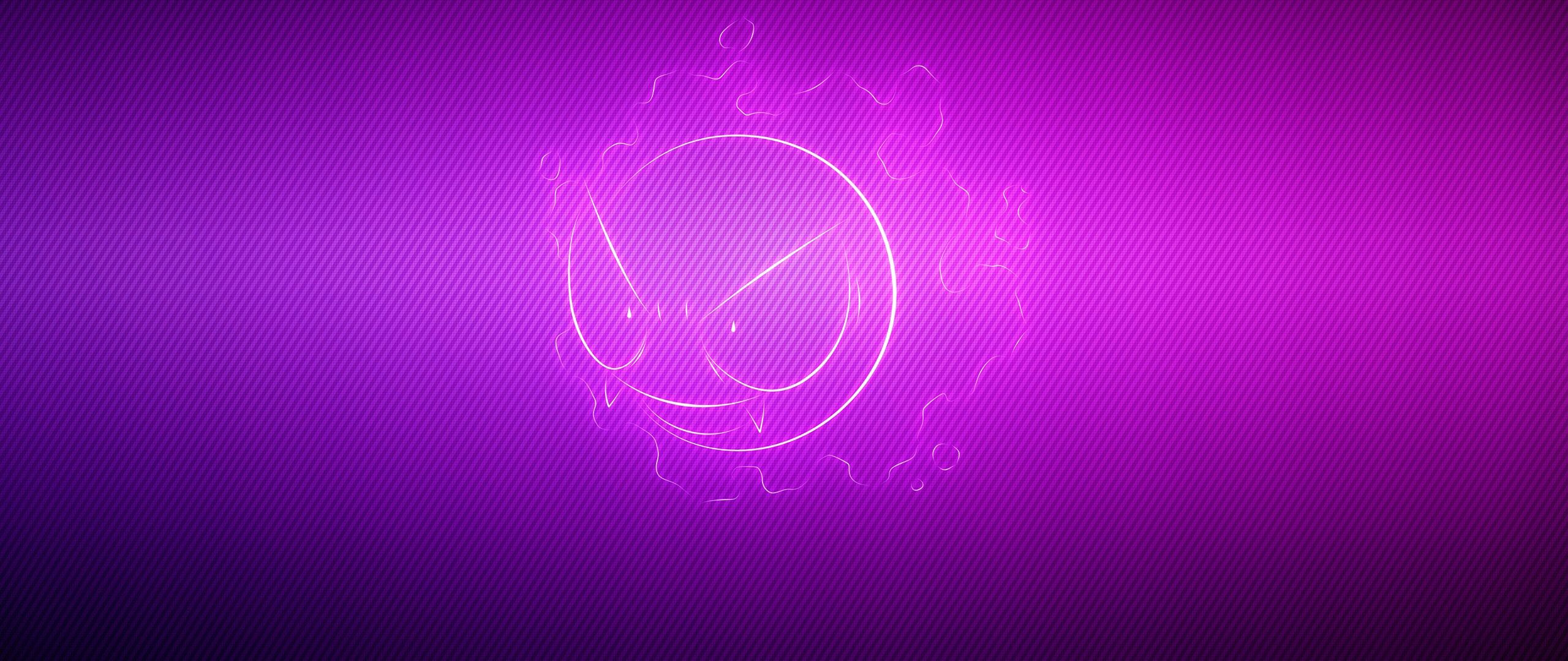 Download wallpaper 2560x1080 gastly, pokemon, purple, light dual wide 1080p HD background
