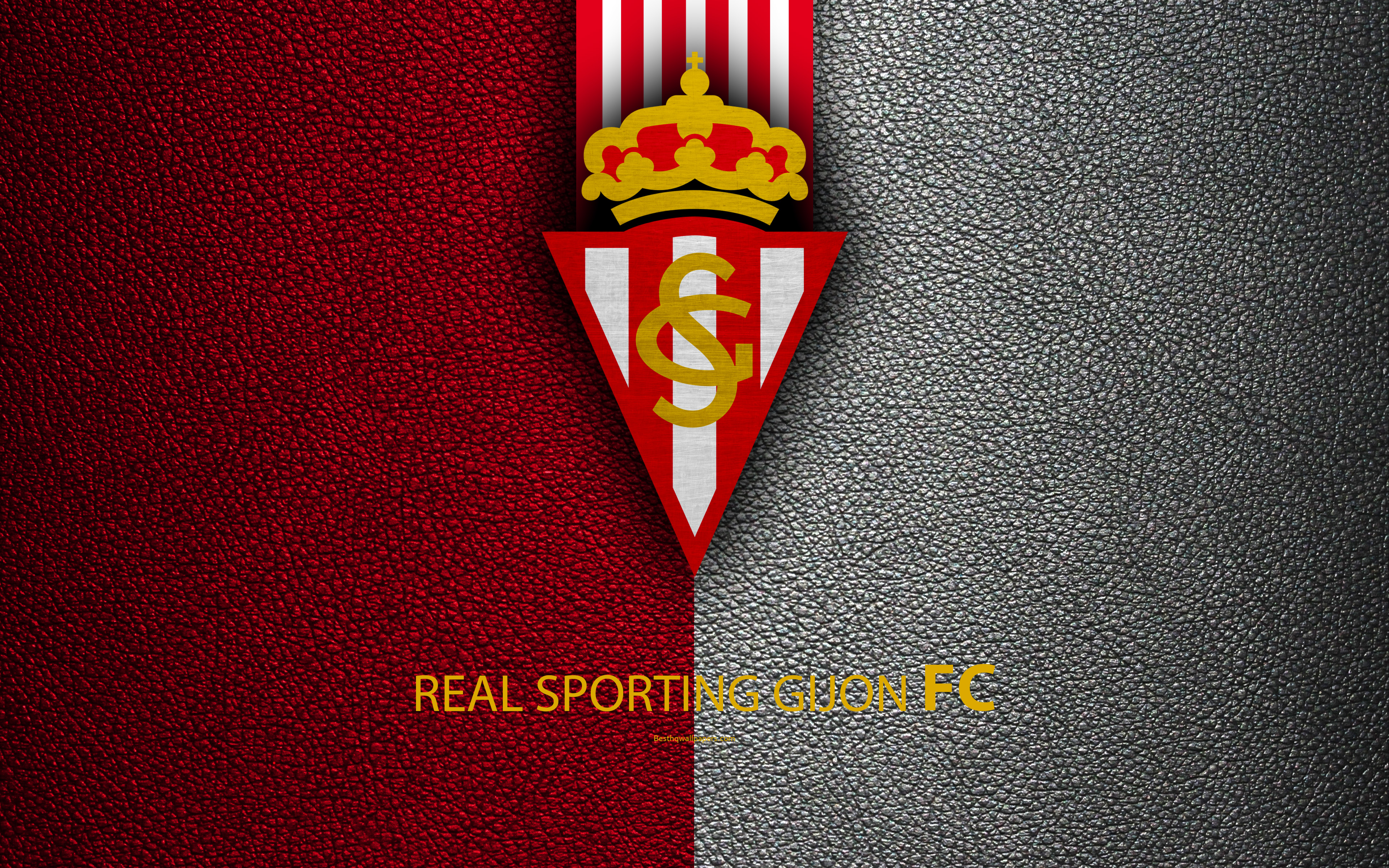 Download wallpaper Real Sporting Gijon FC, 4K, Spanish Football Club, leather texture, Gijon logo, LaLiga2, Segunda Division, Gijon, Spain, Second Division, football for desktop with resolution 3840x2400. High Quality HD picture wallpaper