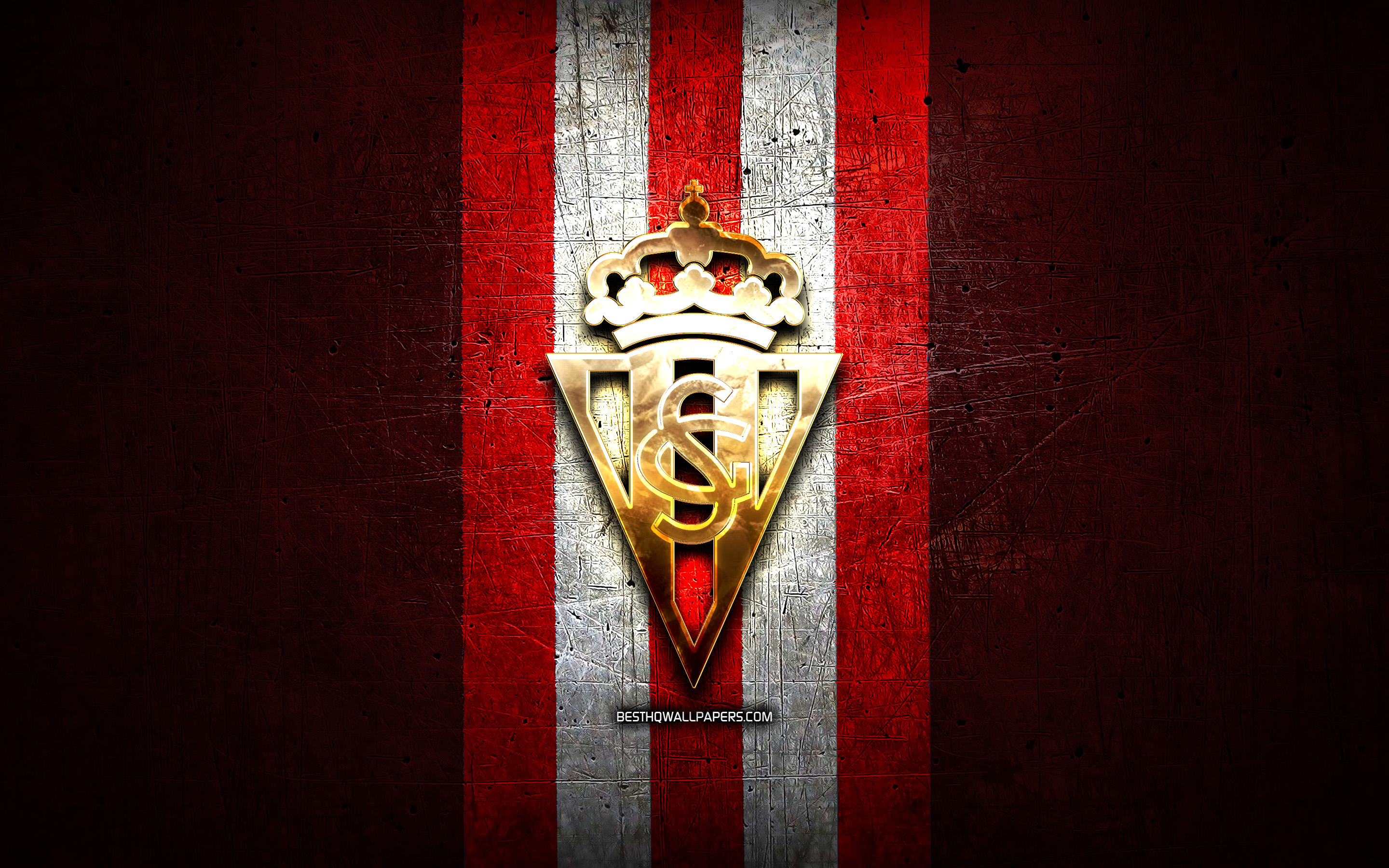 Download wallpaper Sporting Gijon FC, golden logo, La Liga 2, red metal background, football, Sporting Gijon, spanish football club, Sporting Gijon logo, soccer, LaLiga 2, Spain for desktop with resolution 2880x1800. High