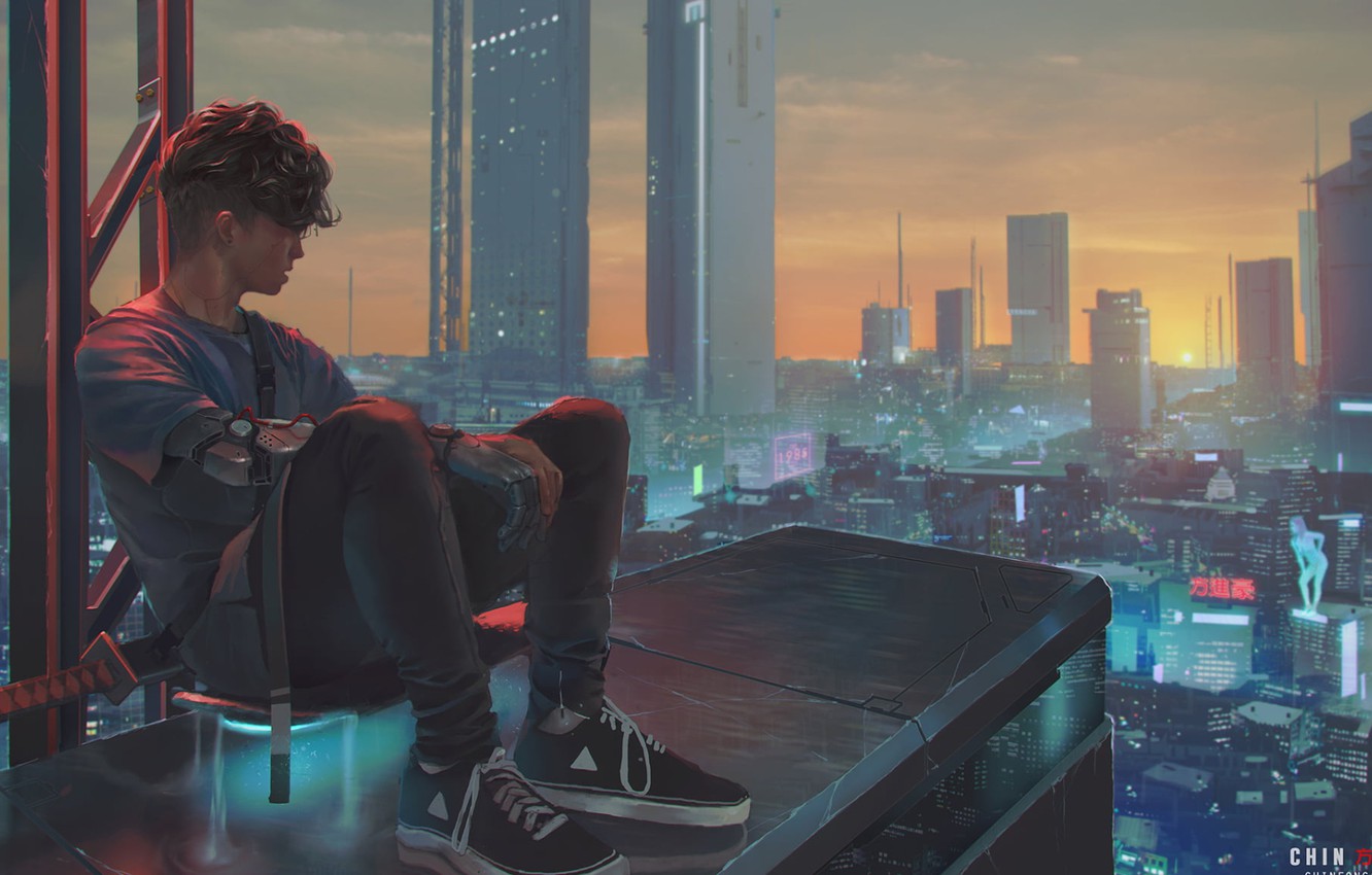 Wallpaper haircut, skyscrapers, guy, sneakers, the view from the top, on the roof, city lights, panorama of the city, sitting on the edge, by Fongshader image for desktop, section арт