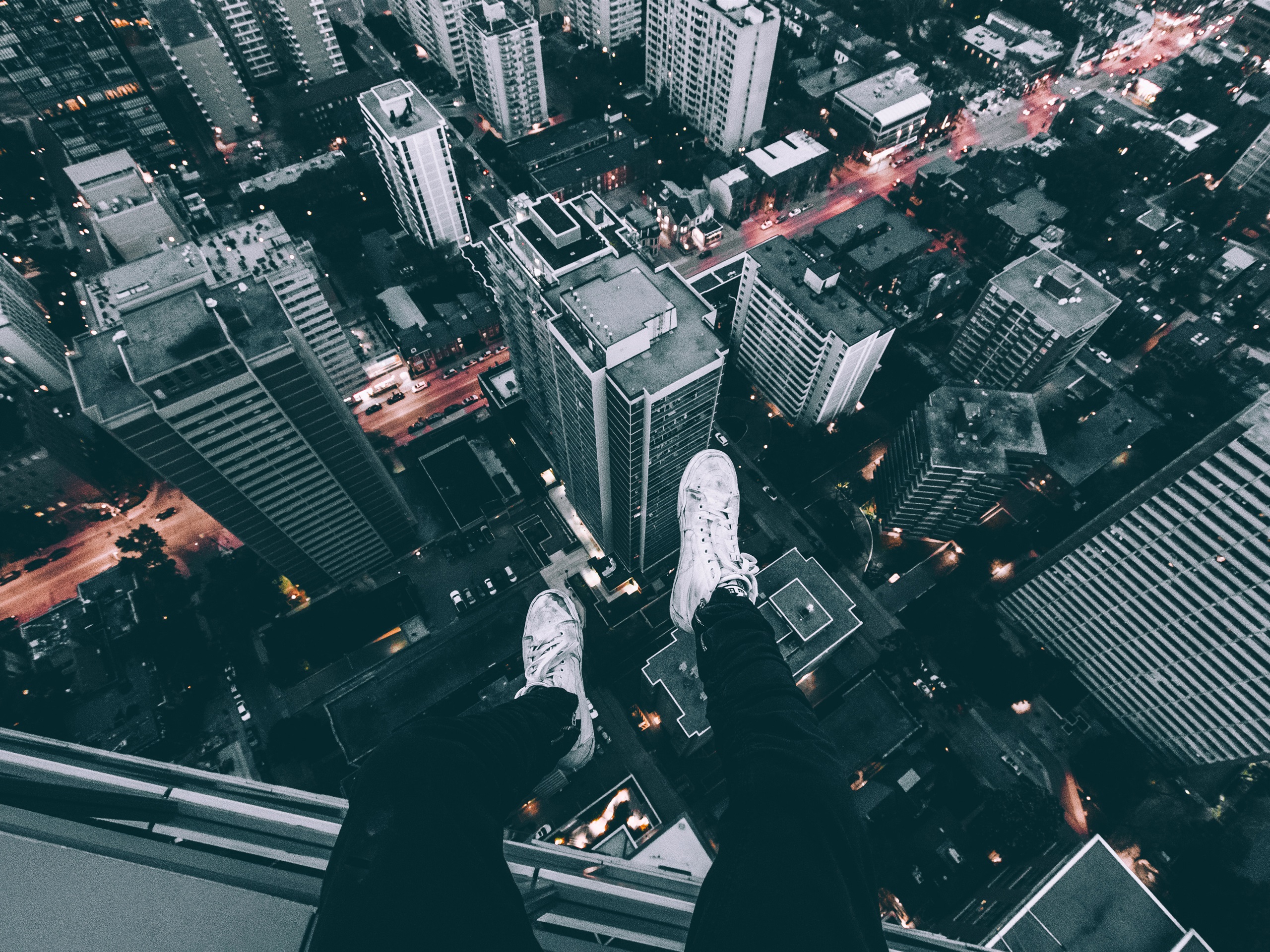 Wallpaper City, skyscrapers, roof, legs, shoes, dusk 3840x2160 UHD 4K Picture, Image