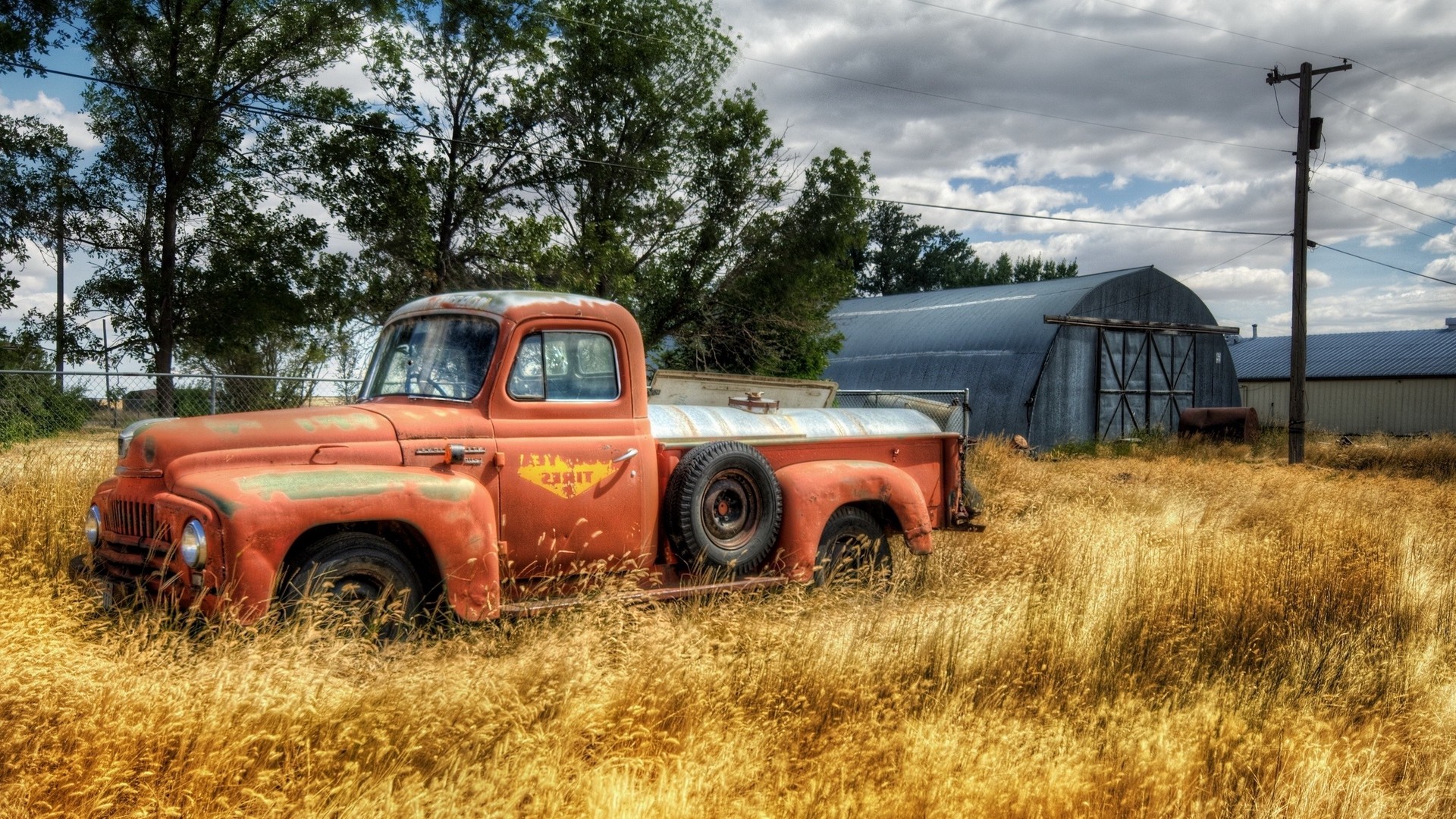 Truck, garage, field, farming, pole, wires, clear. picture, photo, desktop wallpaper