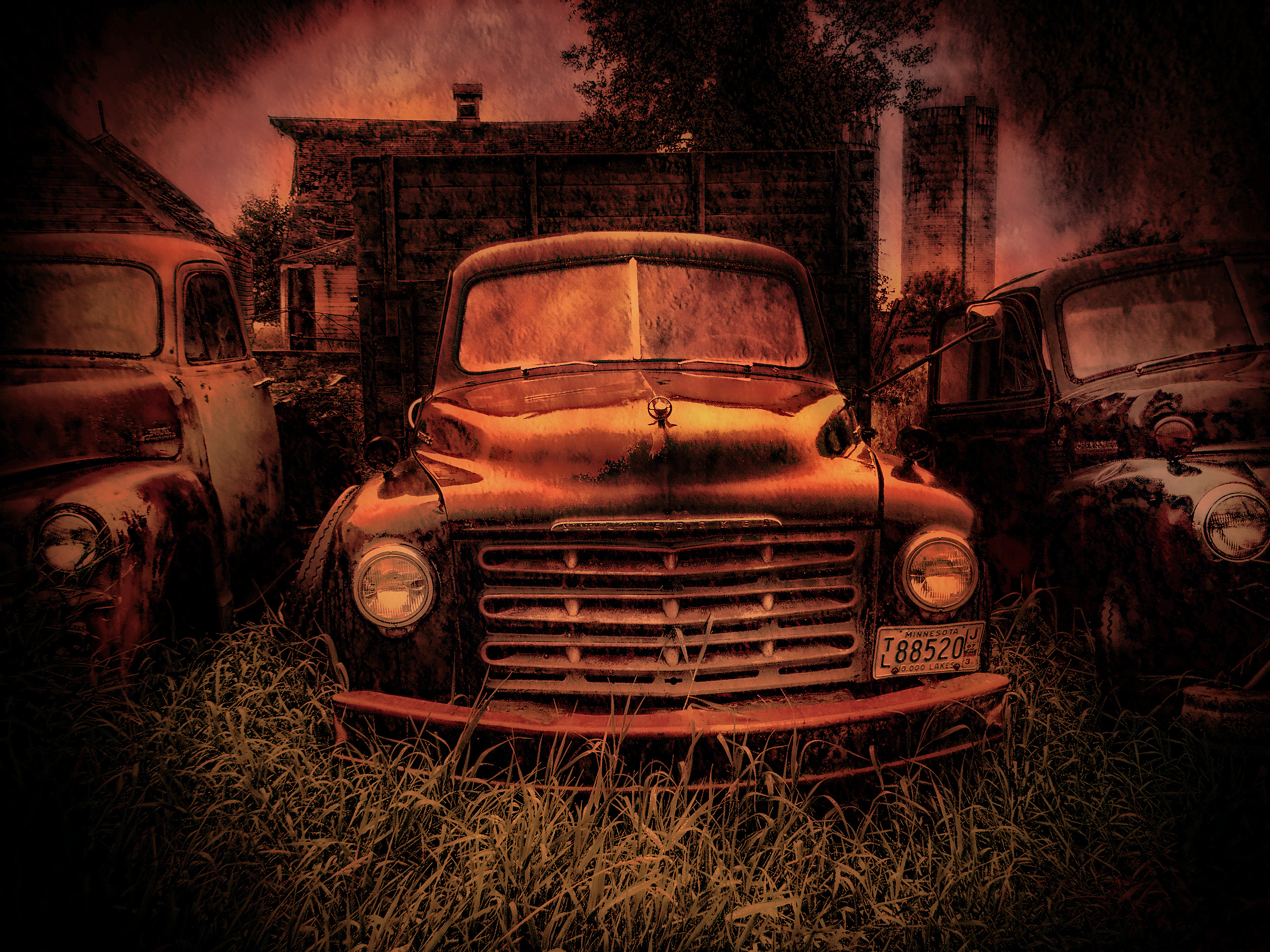Wallpaper, night, farm, rust, texture, USA, decay, Vintage car, Chevrolet, Truck, Minnesota, Chevy, rural, country, darkness, classic, texturized, magicunicornverybest, tatot, computer wallpaper, automotive design, compact car, motor vehicle, mid size