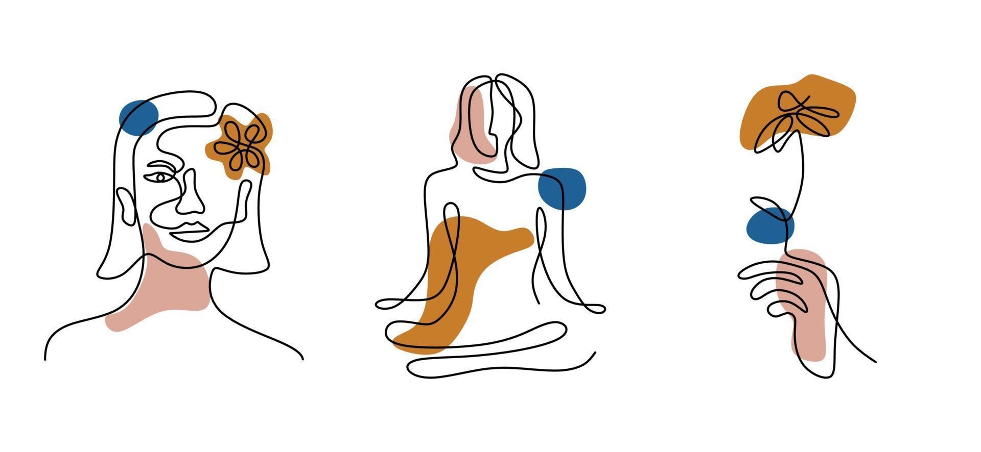 Set of woman's face continuous one line art. Style wallpaper with female faces, hand holding a flower, and yoga pose in modern simple linear style. Minimalist design. Vector illustration Vector