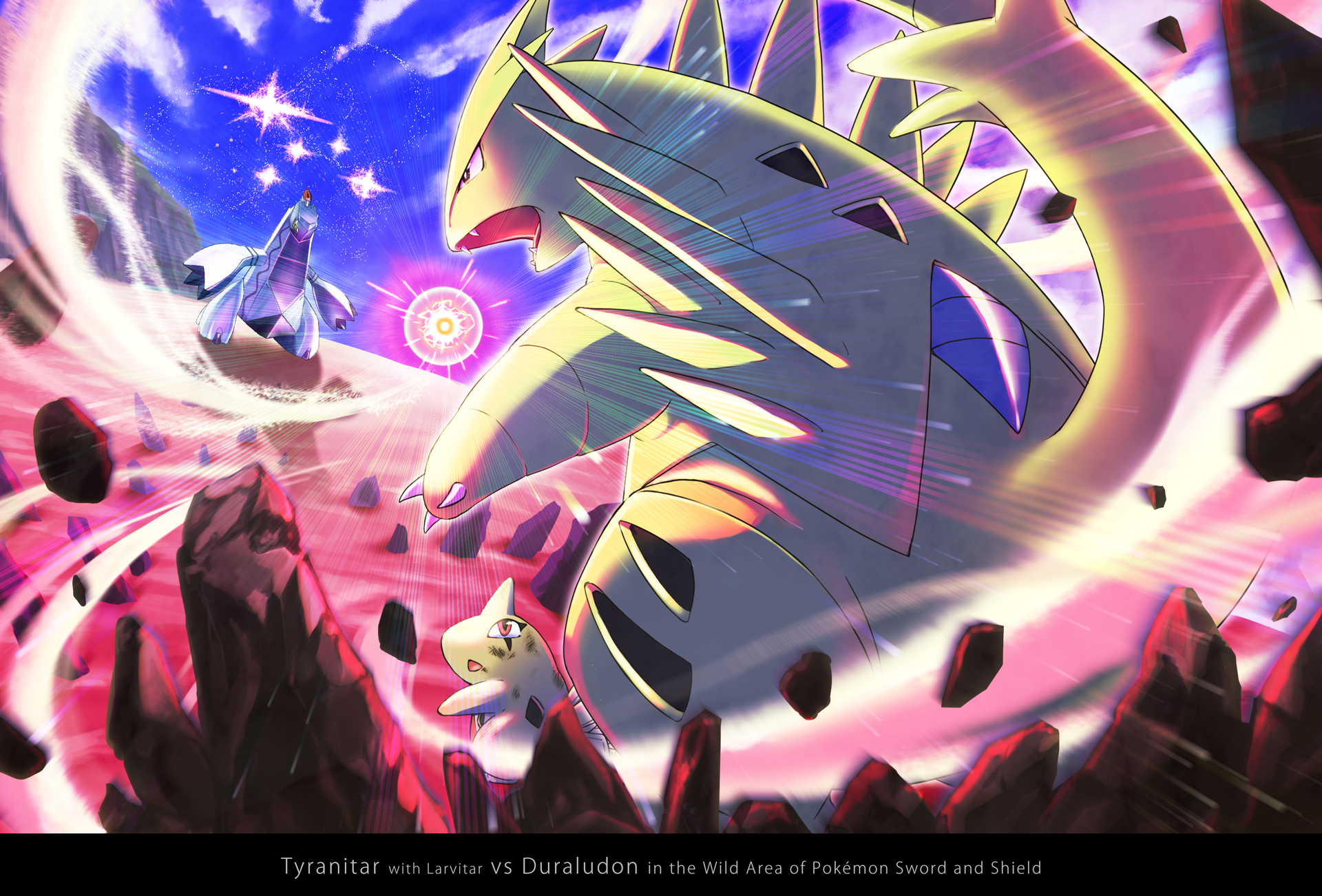 Safebooru clouds commentary request day duraludon energy fangs gen 2 pokemon gen 8 pokemon highres larvitar no humans open mouth outdoors pokemon pokemon (creature) punimoff rock sky standing tyranitar