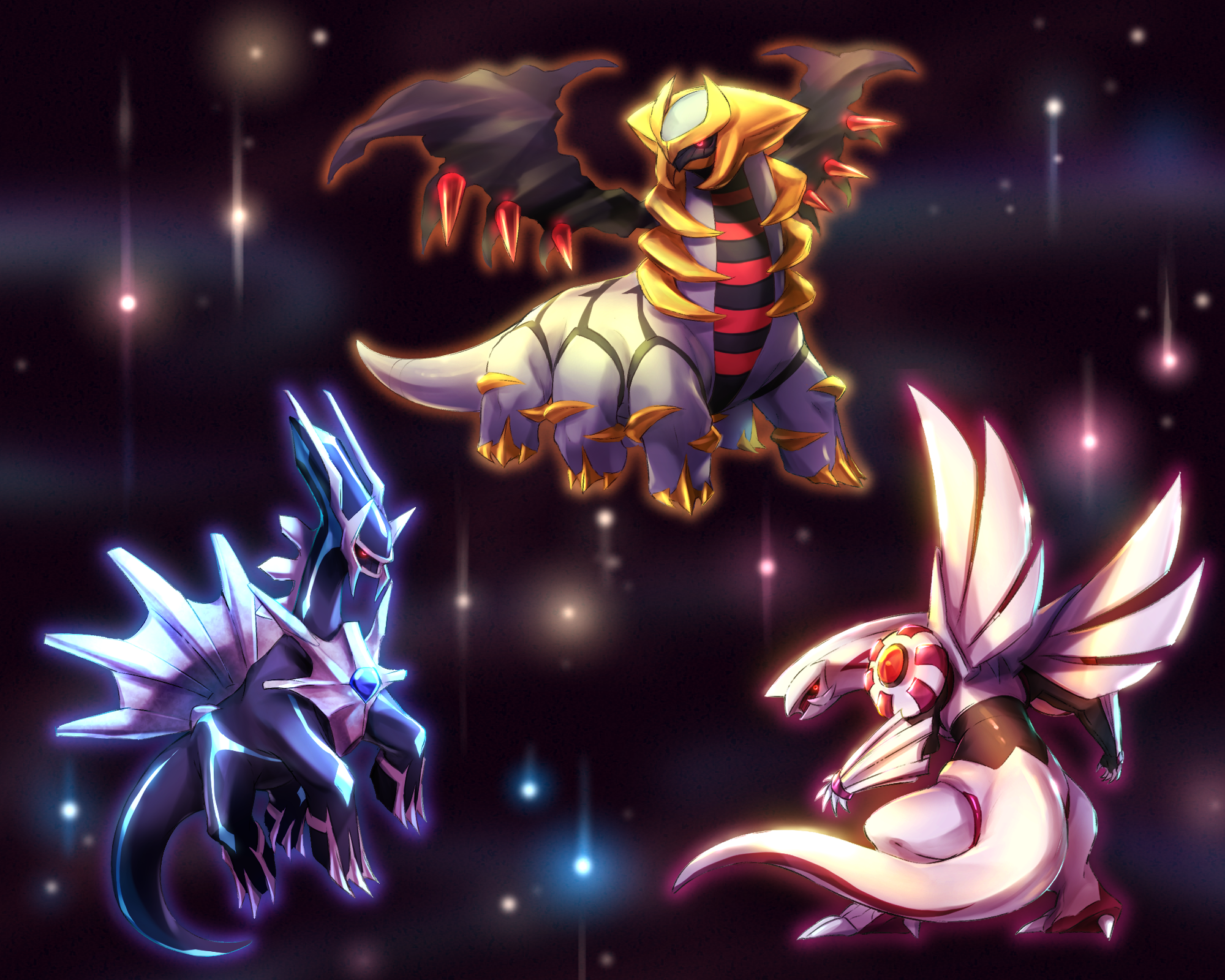 The Big ImageBoard (TBIB) claws closed mouth commentary request dialga gem gen 4 pokemon giratina giratina (altered) glowing glowing eyes highres legendary pokemon looking back looking to the side no