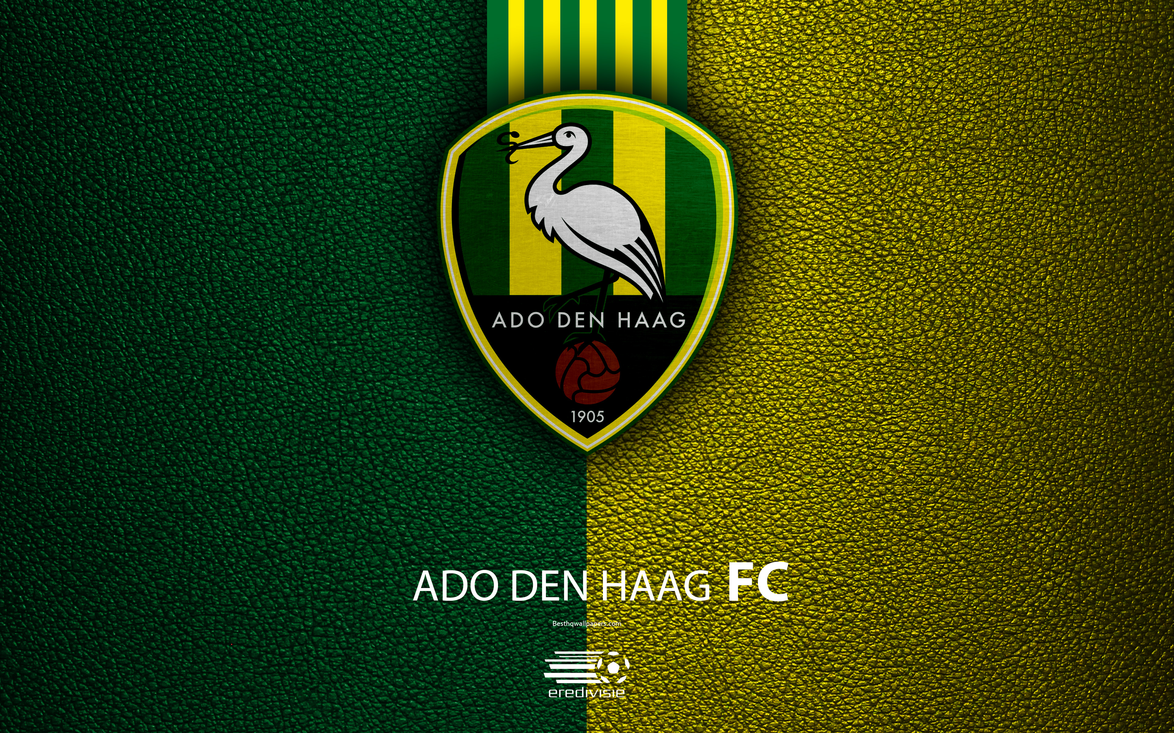 Download wallpaper ADO Den Haag FC, 4K, Dutch football club, leather texture, logo, emblem, Eredivisie, Hague, Netherlands, football, supreme football league for desktop with resolution 3840x2400. High Quality HD picture wallpaper