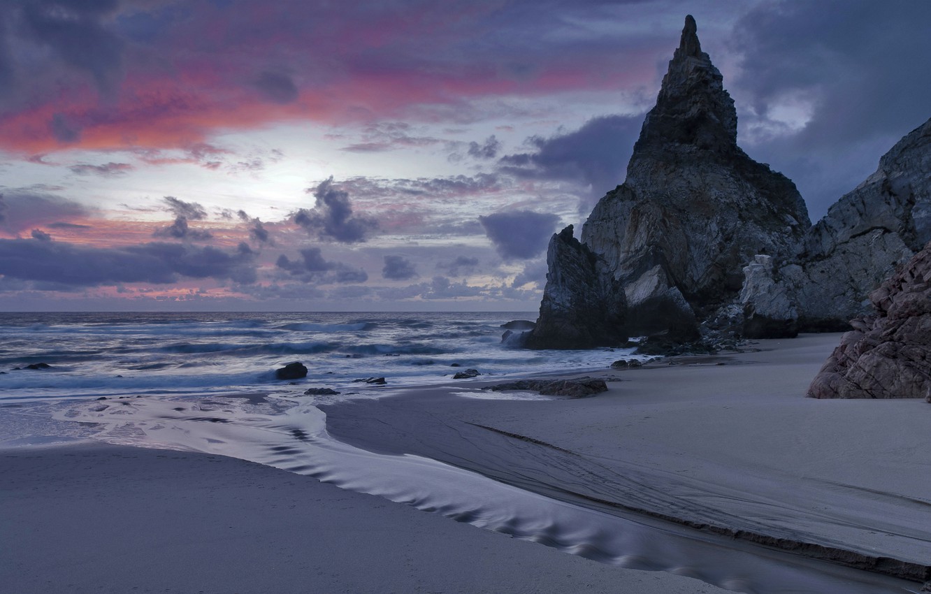 Wallpaper sand, sea, the sky, clouds, sunset, clouds, rocks, shore, the evening, surf, Portugal, twilight image for desktop, section пейзажи