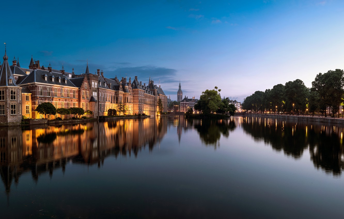 Wallpaper trees, lake, pond, reflection, building, Netherlands, Netherlands, The Hague, The Hague, Binnenhof, Binnenhof, Lake Hofvijver, Hofvijver image for desktop, section город