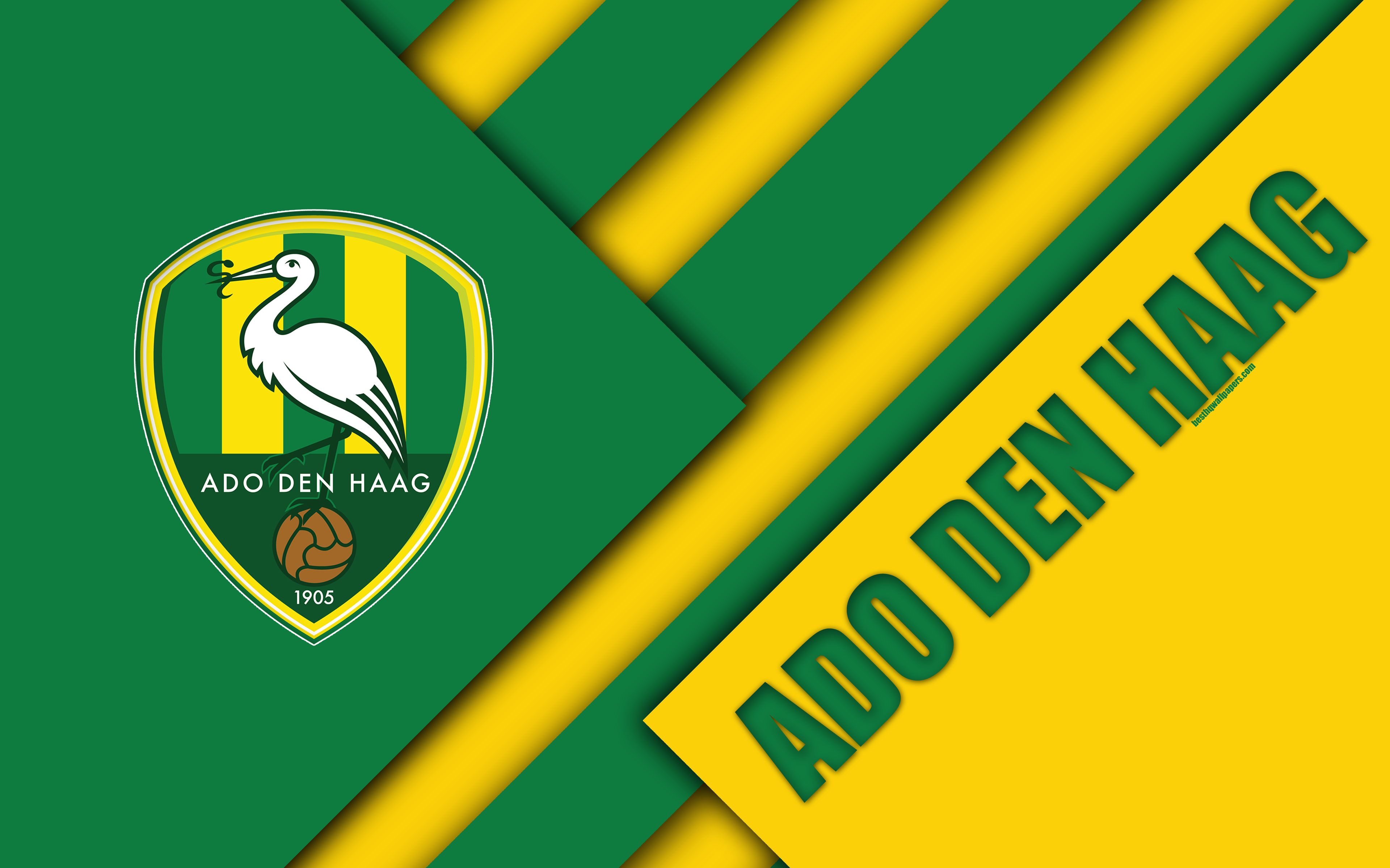Download wallpaper ADO Den Haag FC, emblem, 4k, material design, Dutch football club, yellow green abstraction, Eredivisie, Hague, Netherlands, football for desktop with resolution 3840x2400. High Quality HD picture wallpaper