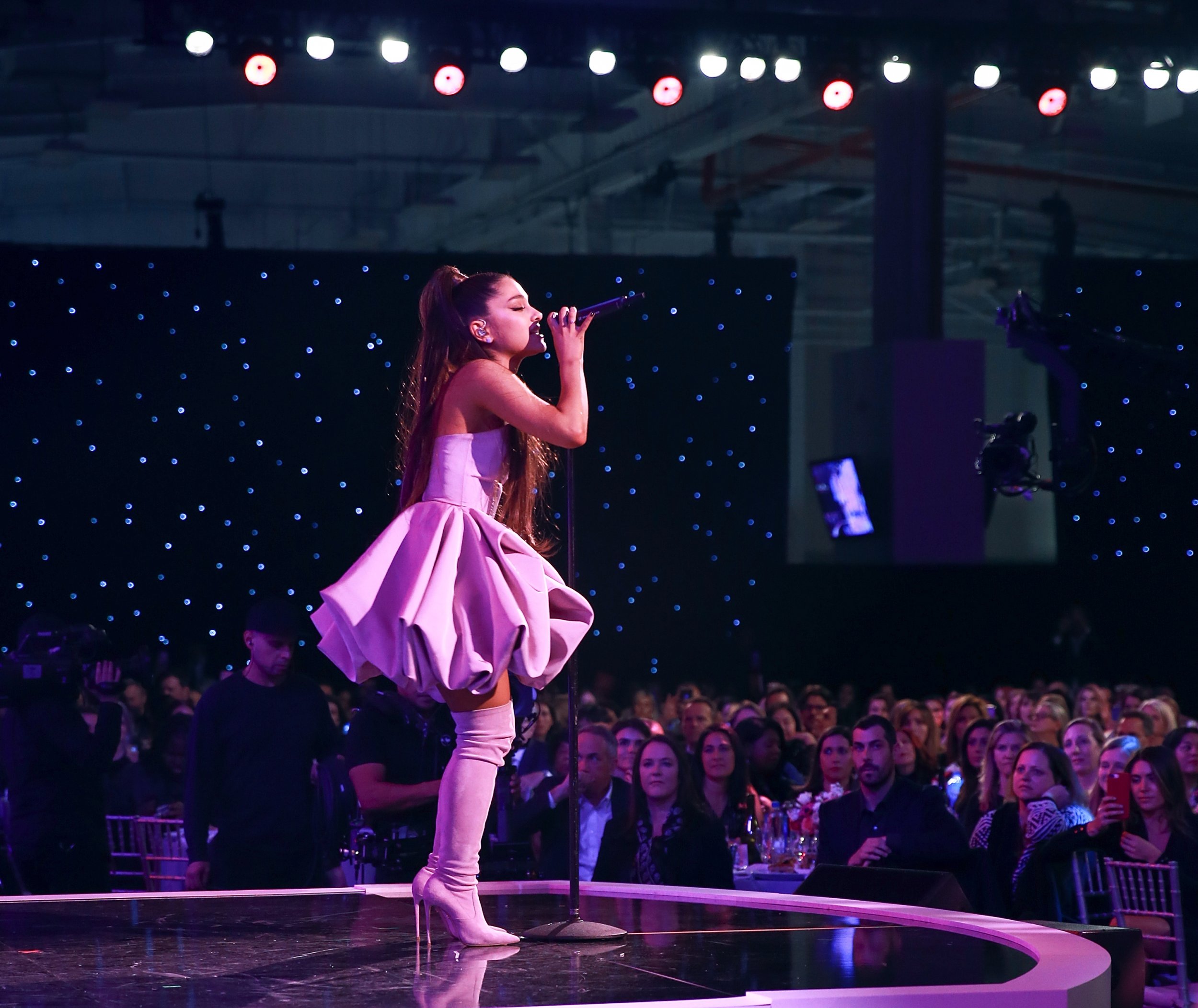 Ariana Grande On Stage Purple Cloud Dress At Ariana Grande Concert