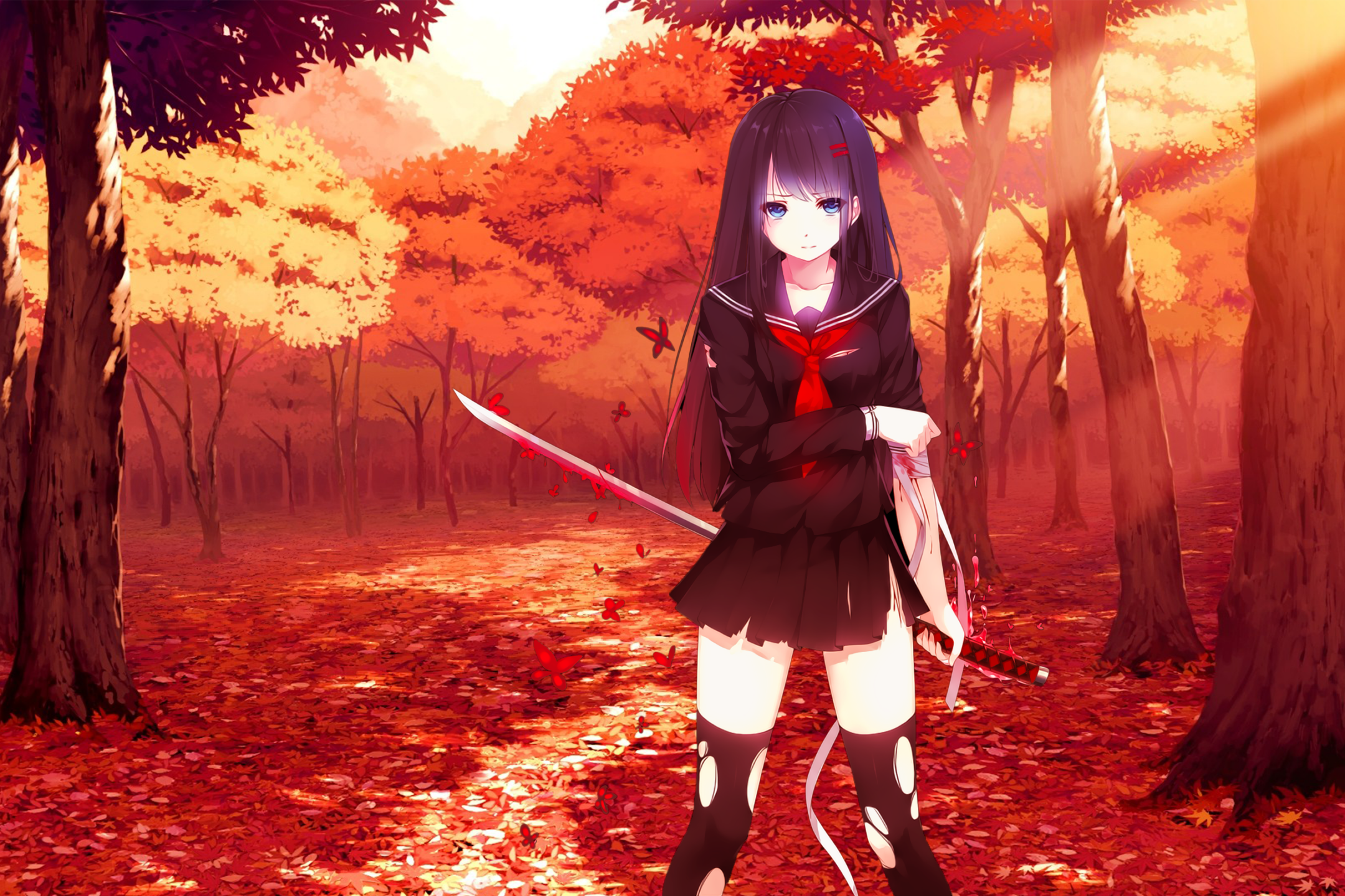 Download 2160x1440 Anime Girl, After Fight, Katana, Butterflies, Bandage, School Uniform Wallpaper