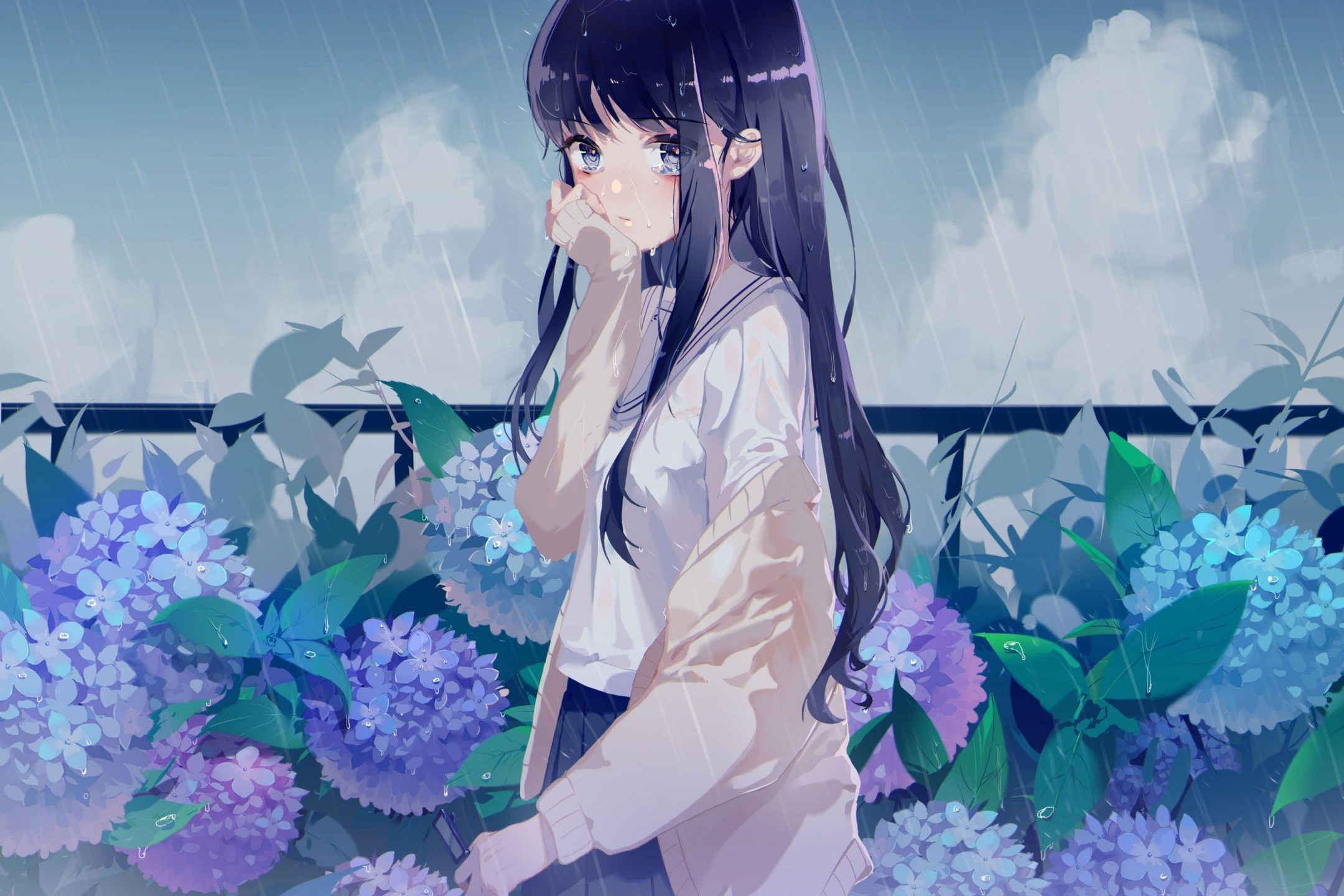 Download 2160x1440 Anime Girl, Raining, Flowers, Black Hair, Tears, Crying, Emotional Wallpaper
