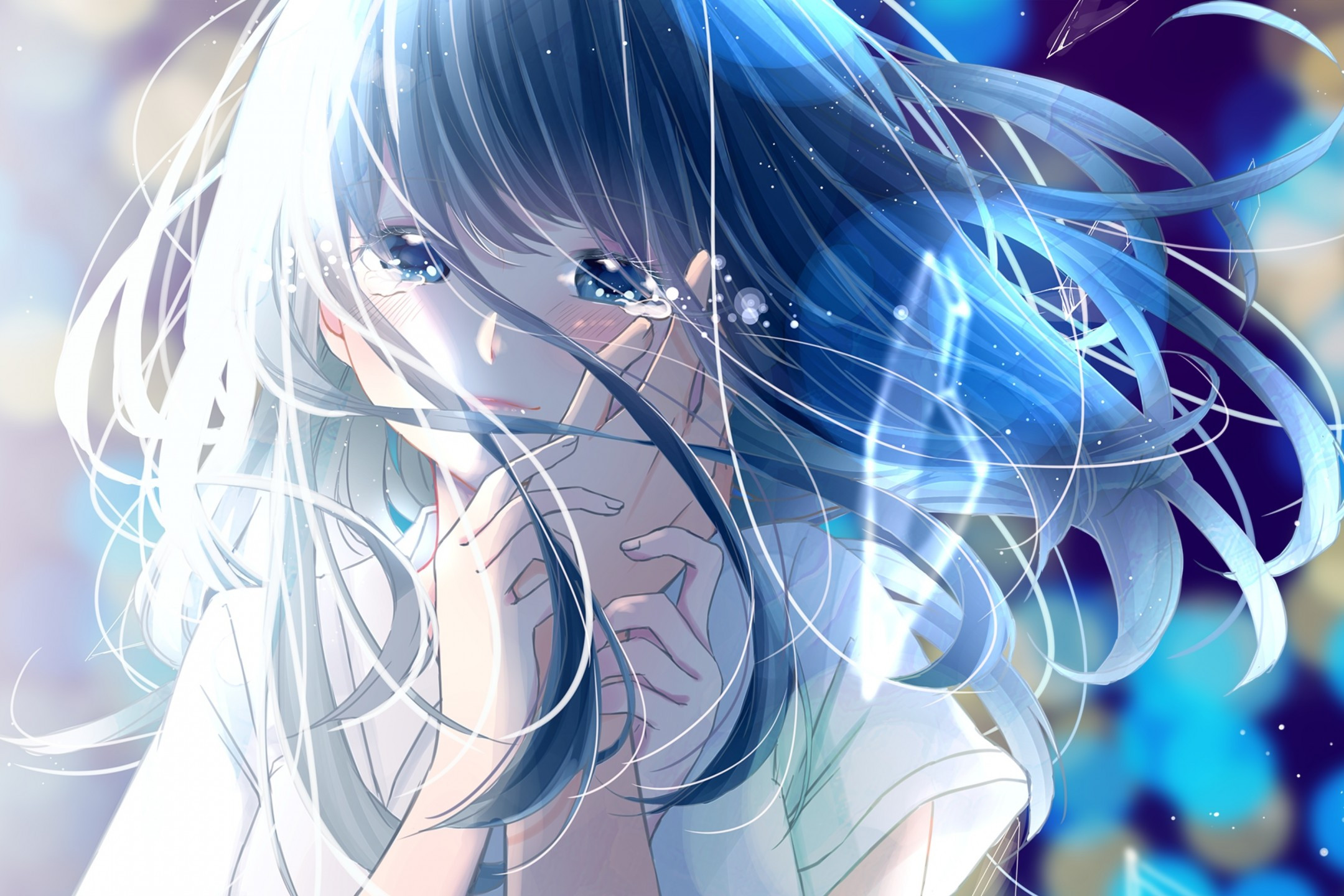 Download 2160x1440 Anime Girl, Tears, Romance, Hand, Blue Hair Wallpaper