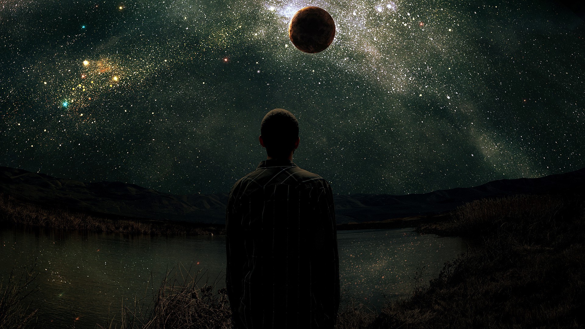 men, Stars, Fantasy Art, Space Art, Planet, Silhouette Wallpaper HD / Desktop and Mobile Background