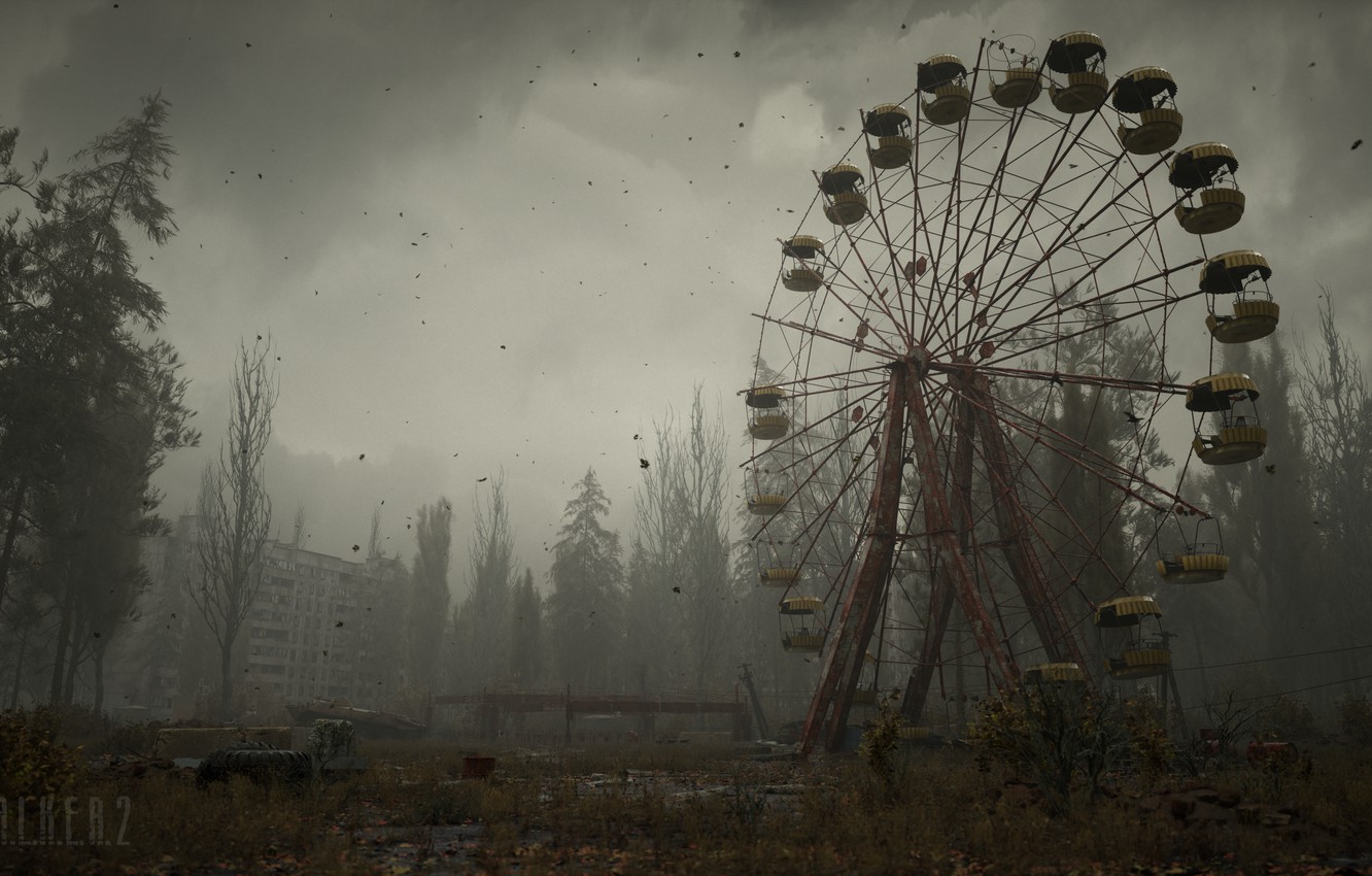 Wallpaper Clouds, Fog, Trees, The building, Stalker, logo, Logo, Stalker, Chernobyl, Pripyat, S. T. A. L. K. E. R. 2, Stalker 2, S. T. A. L. K. E. R., Stalker 2, Ferris Wheel, GSC Game World image for desktop, section игры