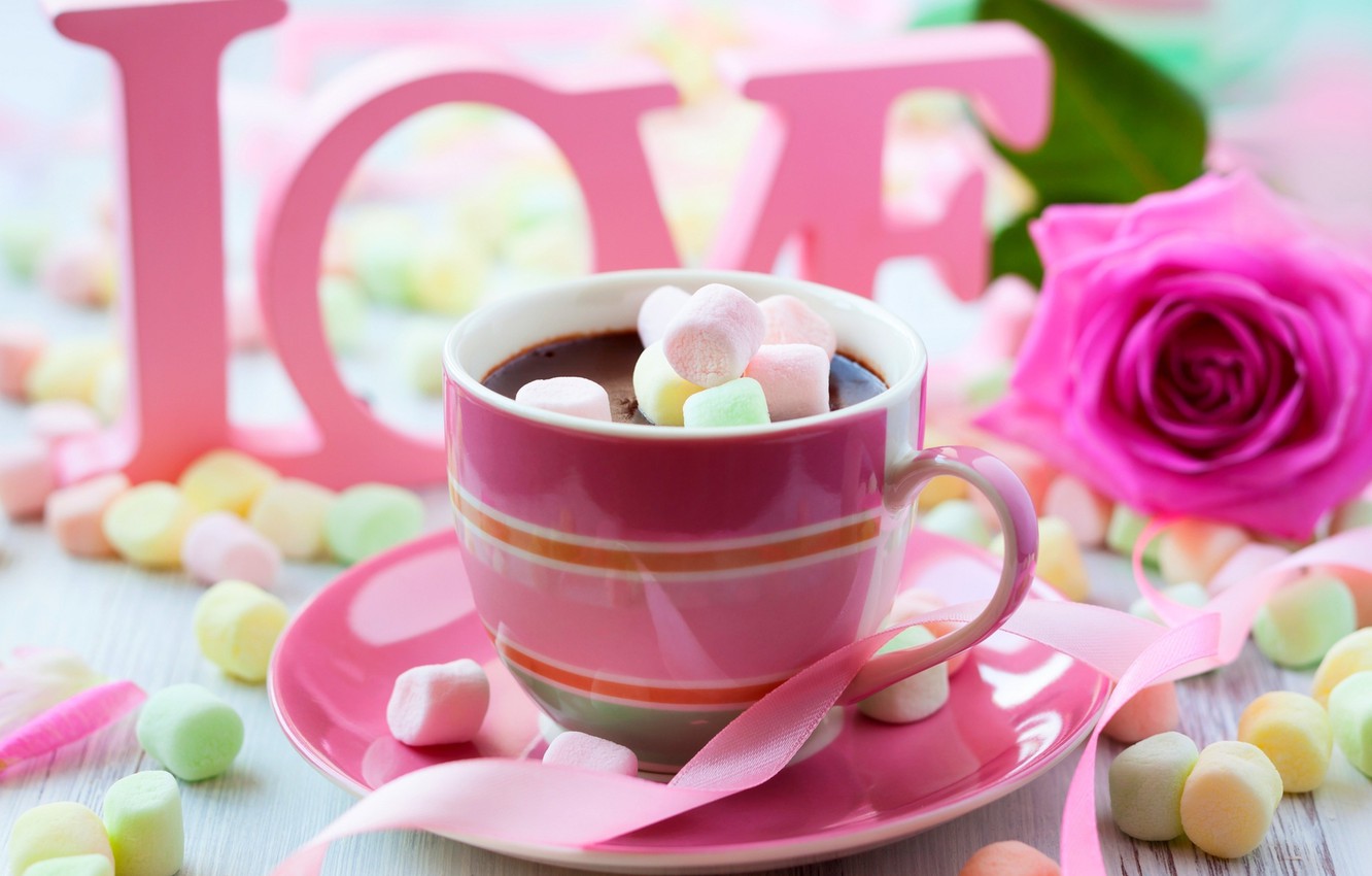 Wallpaper colorful, wallpaper, love, rose, flower, pink, cup, chocolate, sweet, Valentine's Day, drink, coffee, passion, sugar, table, Valentines Day image for desktop, section праздники
