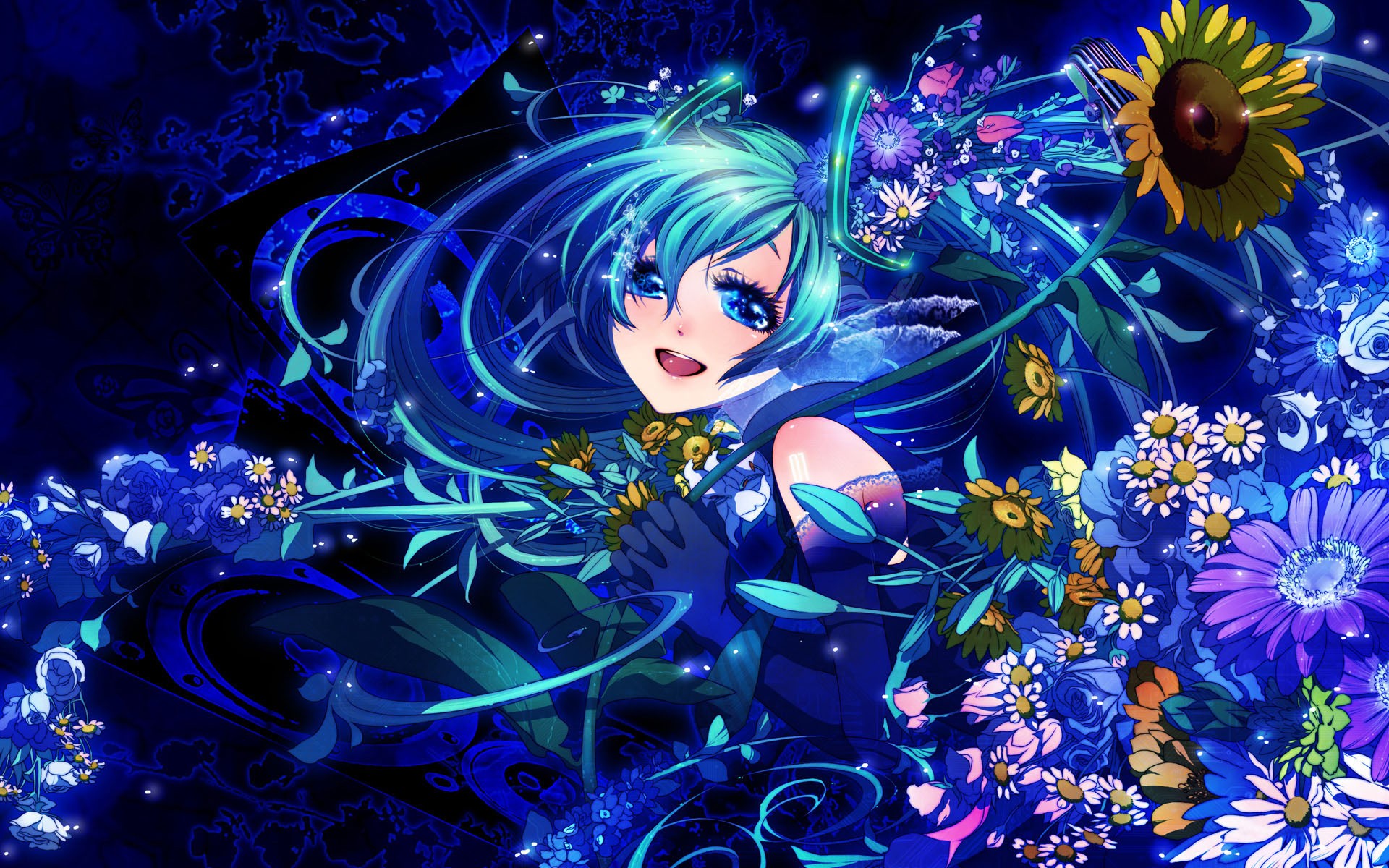 Wallpaper, colorful, illustration, flowers, anime girls, blue hair, Vocaloid, Hatsune Miku, flower, screenshot, computer wallpaper, fractal art, psychedelic art 1920x1200