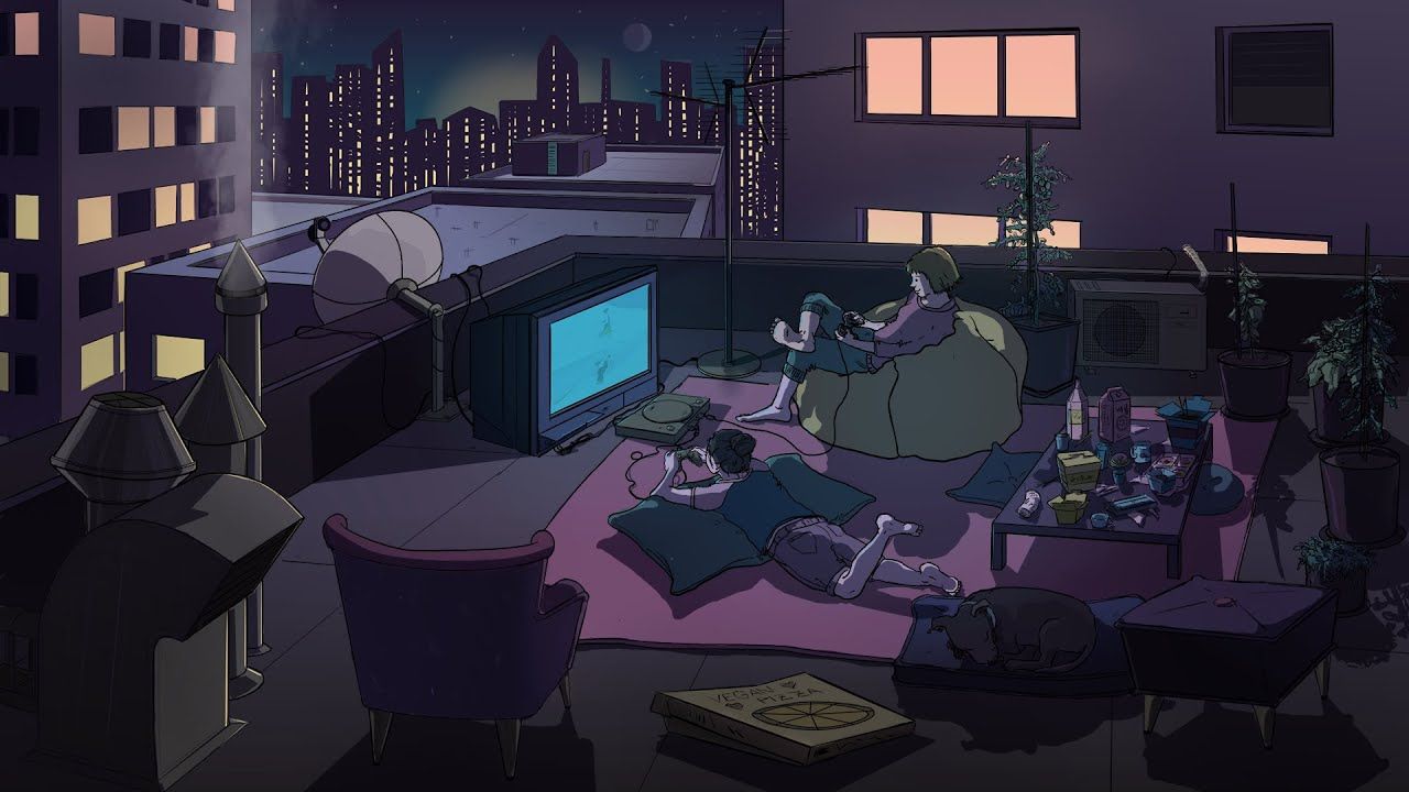 rooftop. [jazz hop / lofi / chillhop]. Medium widget aesthetic anime, Desktop wallpaper art, Rooftop