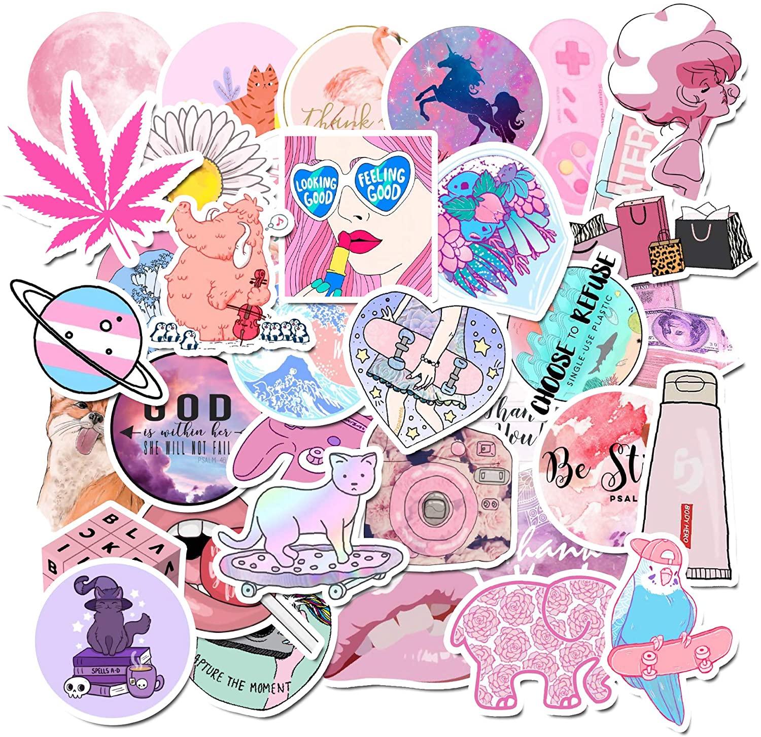 Pink Cute Stickers 50Pcs, Vsco Stickers for Laptop and Water Bottle Decal Aesthetic Trendy Sticker Pack for Teens, Girls, Women Vinyl Stickers
