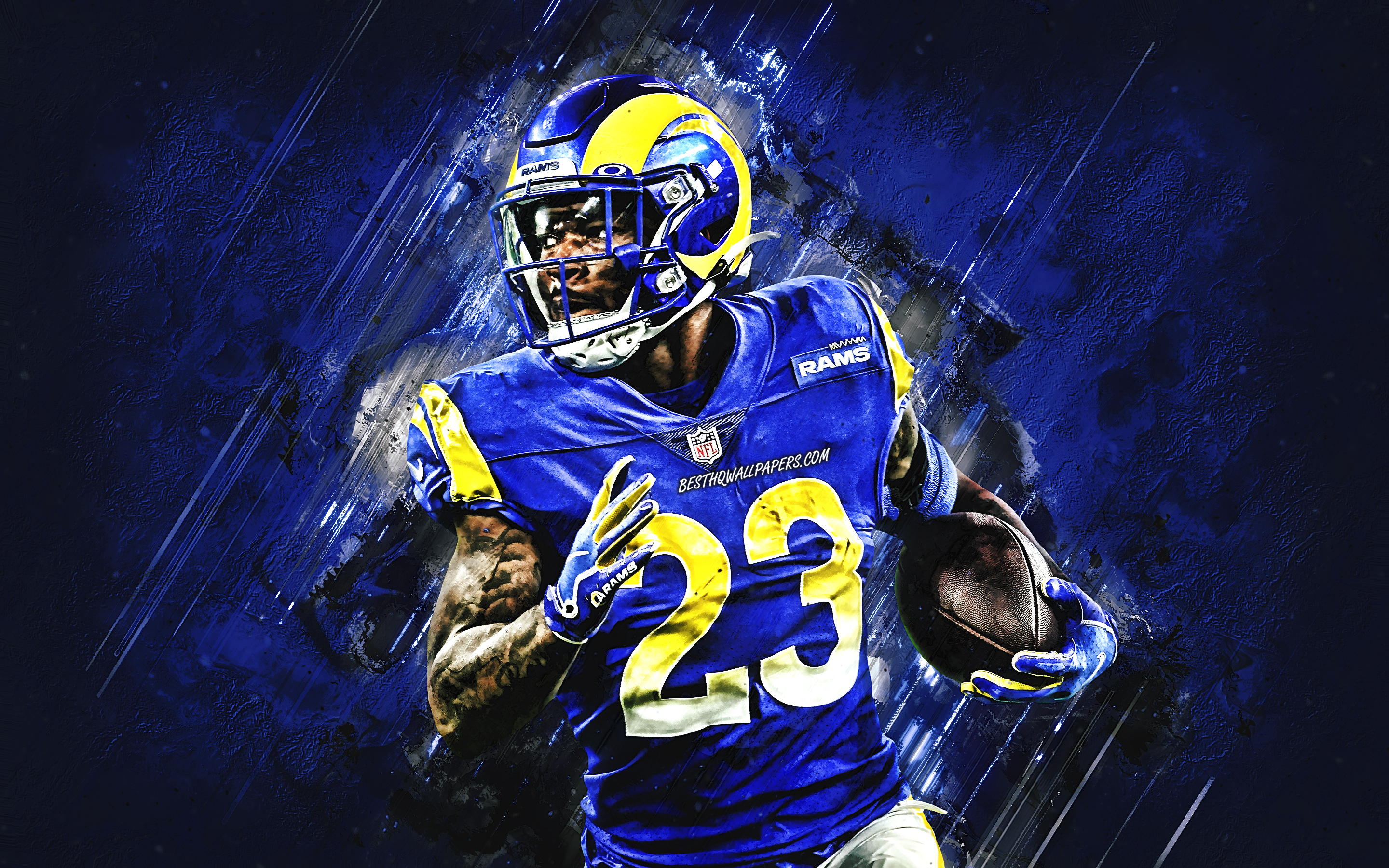 Download wallpaper Cam Akers, NFL, Los Angeles Rams, american football, portrait, blue stone background, National Football League for desktop with resolution 2880x1800. High Quality HD picture wallpaper