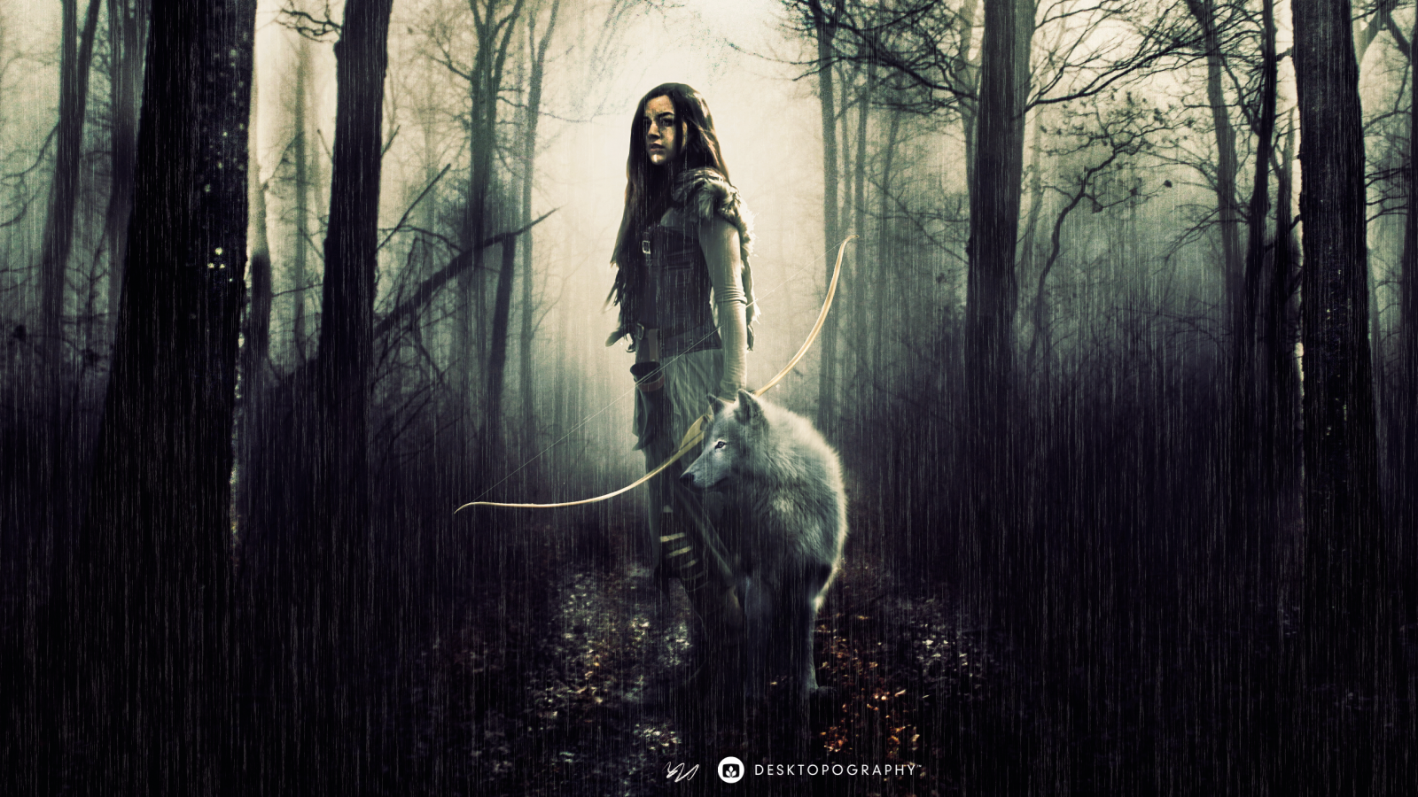 Wallpaper, Desktopography, Photohop, digital, fantasy art, hunt, wolf, Huntress, hunter, forest, Lost Woods, rain, people, hunting, crossbow, crossbows 2560x1440