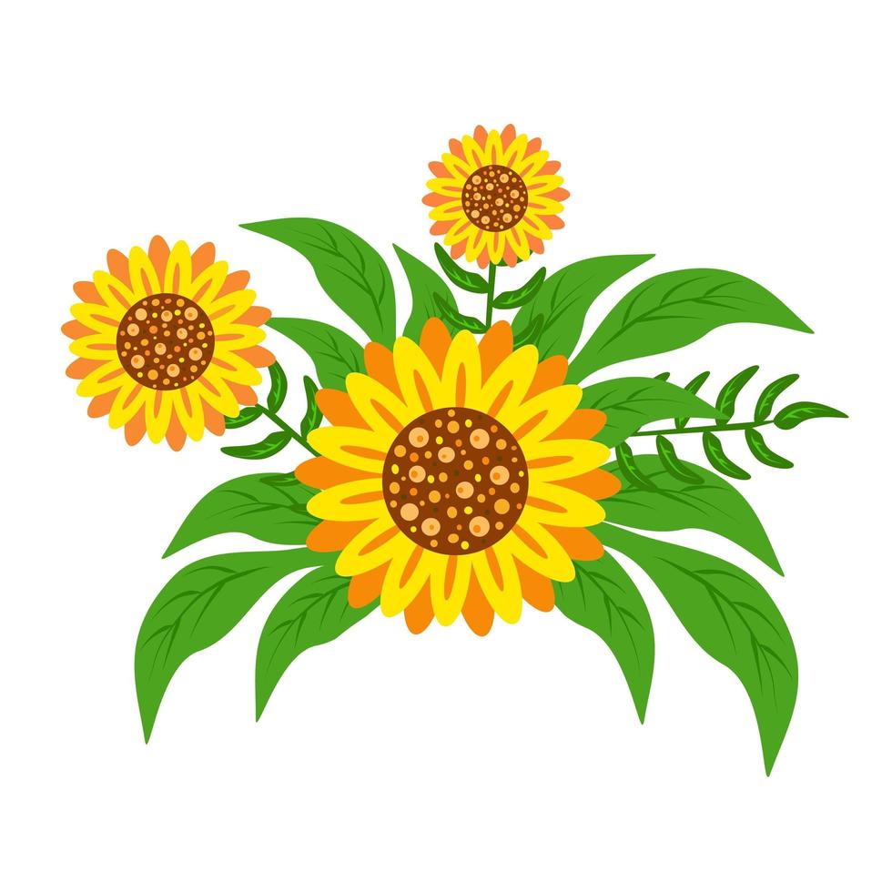Sunflowers with leaves. Illustration for printing, background, wallpaper, covers, packaging, greeting cards, posters, stickers, textile and seasonal design. Isolated on white background