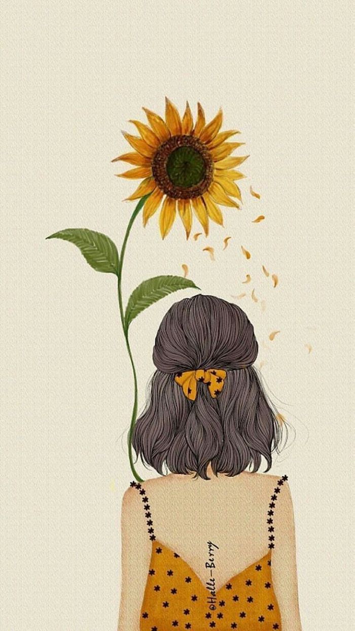 Girl With Black Hair Yellowe Dress Holding A Sunflower Flower Doodles White Background. Drawing Wallpaper, Flower Drawing, Art Wallpaper