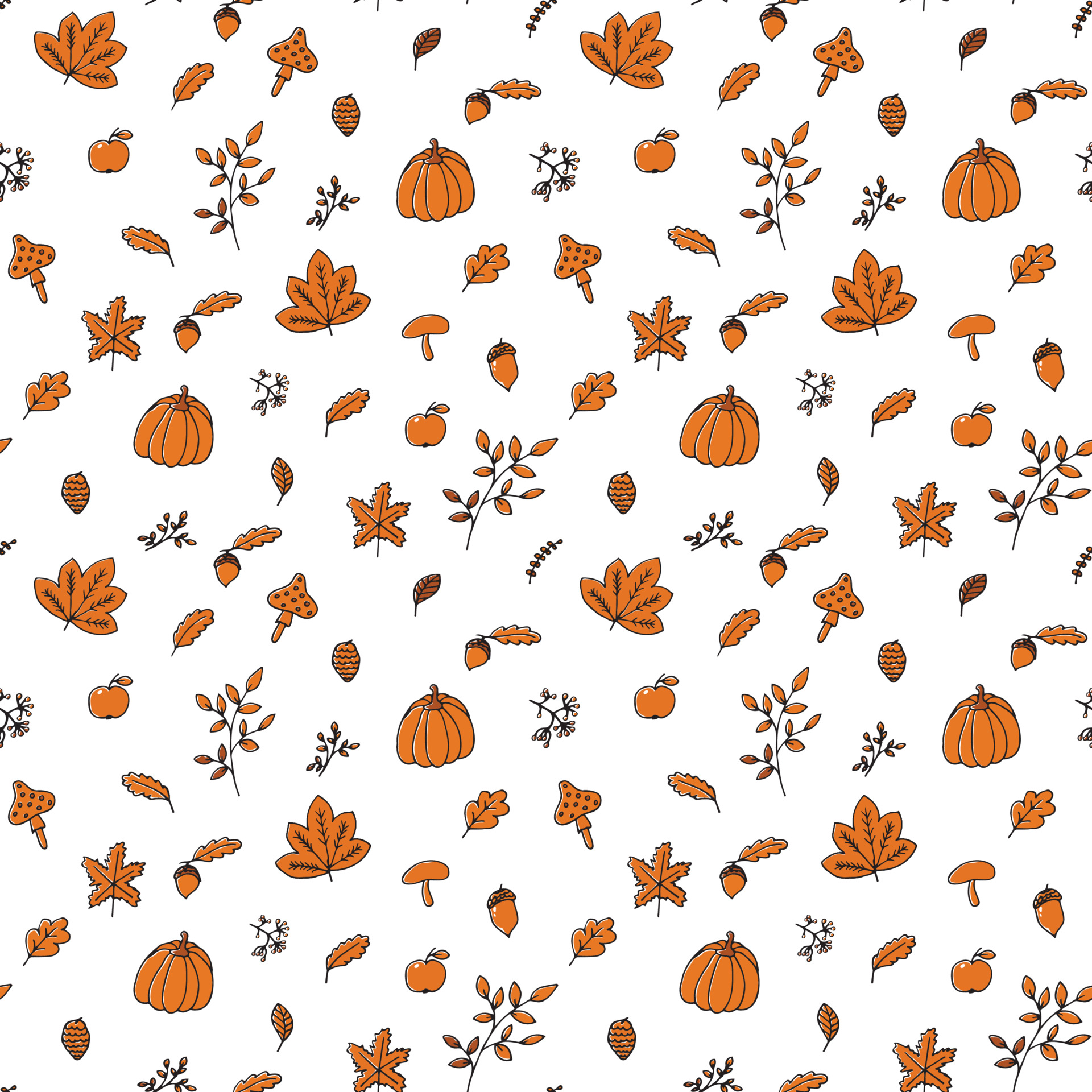 Autumn pattern in orange and brown tones with various fall items, background, wallpaper, create patterns or compositions, or decorate printed matter