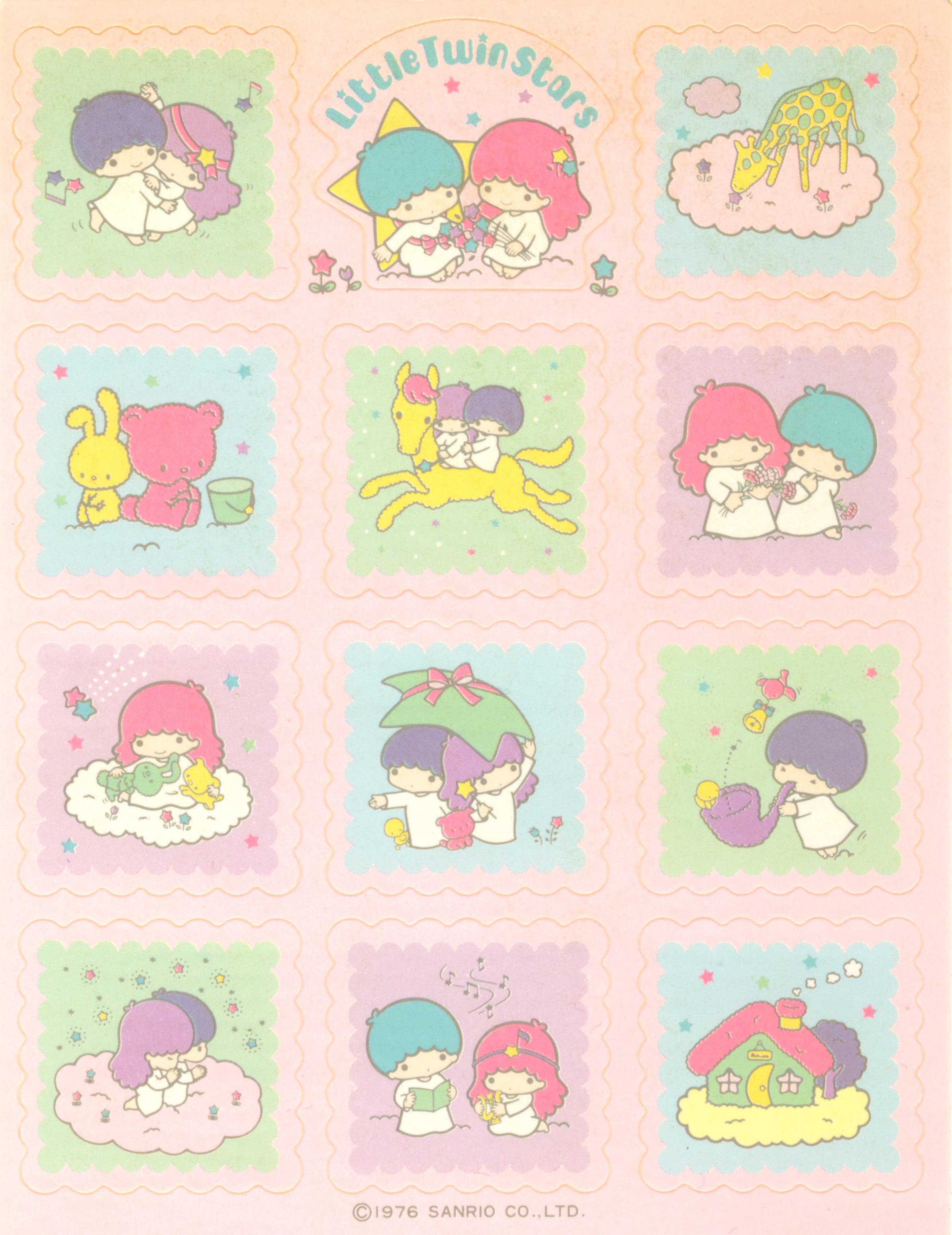 Little Twin Stars Pink Squares Unused Sticker Sheet. Brown Eyed Rose
