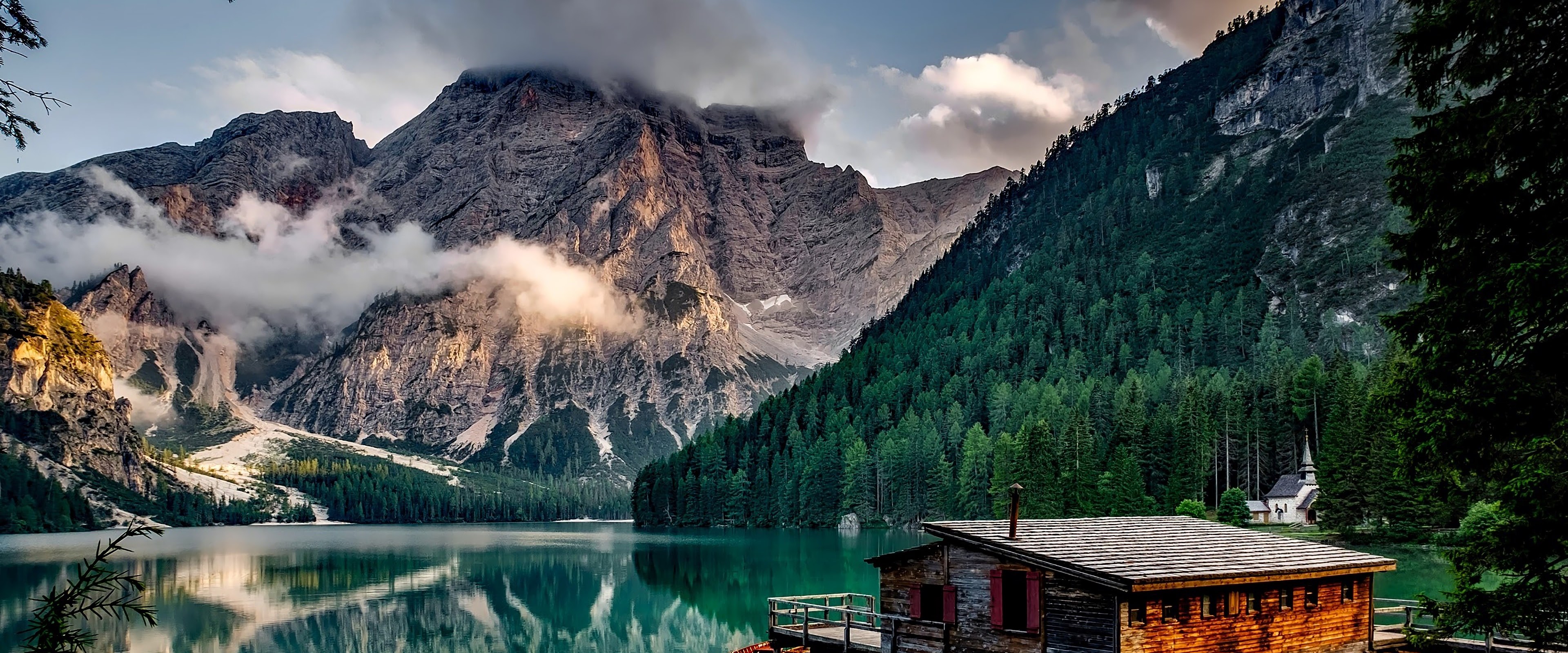 Lake Mountains Nature Cottage 4K Wallpaper