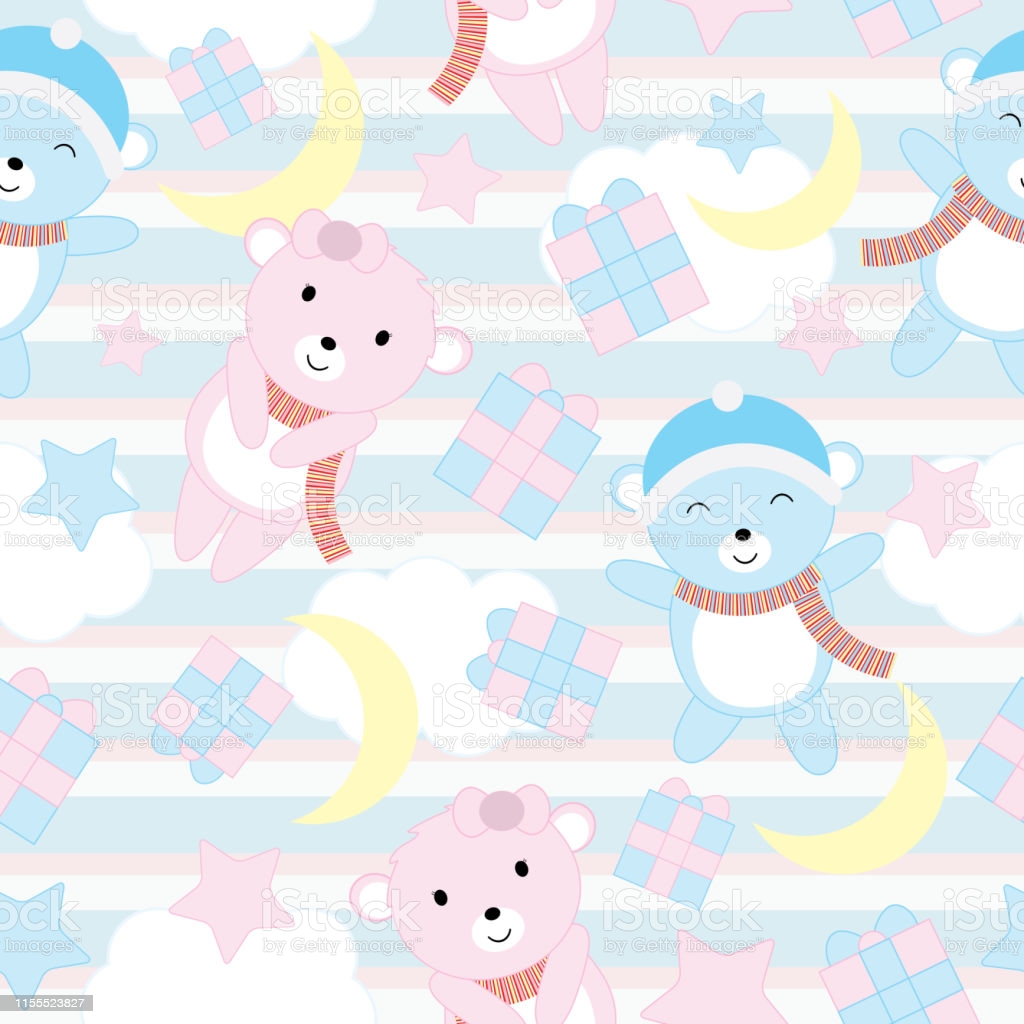Seamless Background Of Birthday Illustration With Cute Baby Bears On Blue Stripe Background Suitable For Wallpaper Stock Illustration Image Now