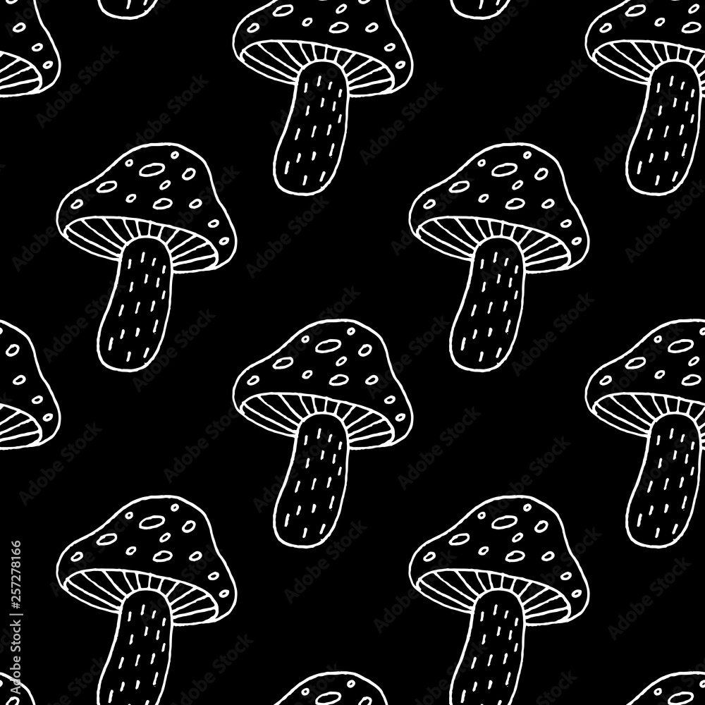 Cute cartoon mushroom pattern with hand drawn mushrooms. Sweet vector black and white mushroom pattern. Seamless monochrome doodle mushroom pattern for textile, wallpaper, wrapping paper and cards. Stock Vector